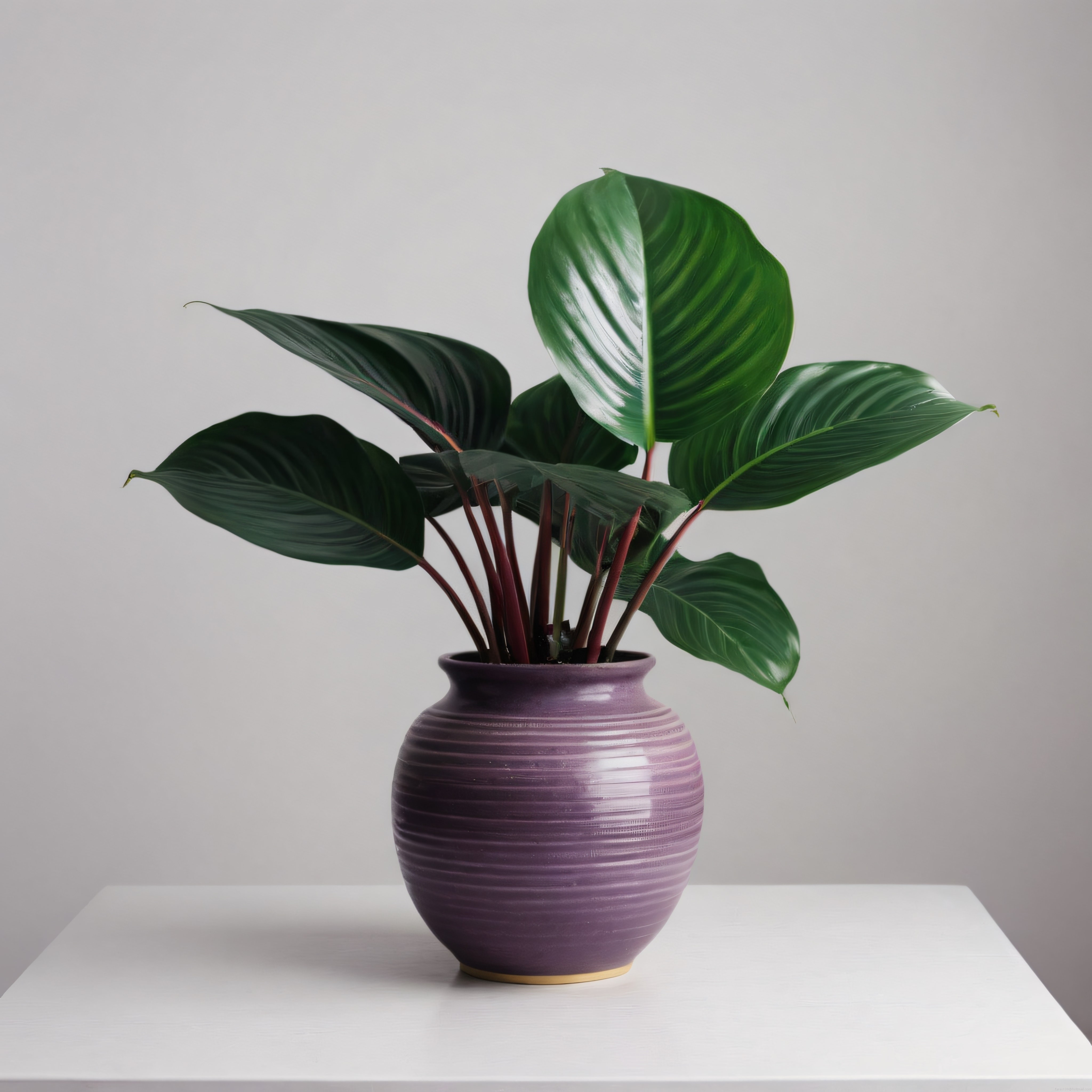 Mor El Yapımı Seramik Saksıda Calathea Bitkisi ve Minimalist Ev Dekoru