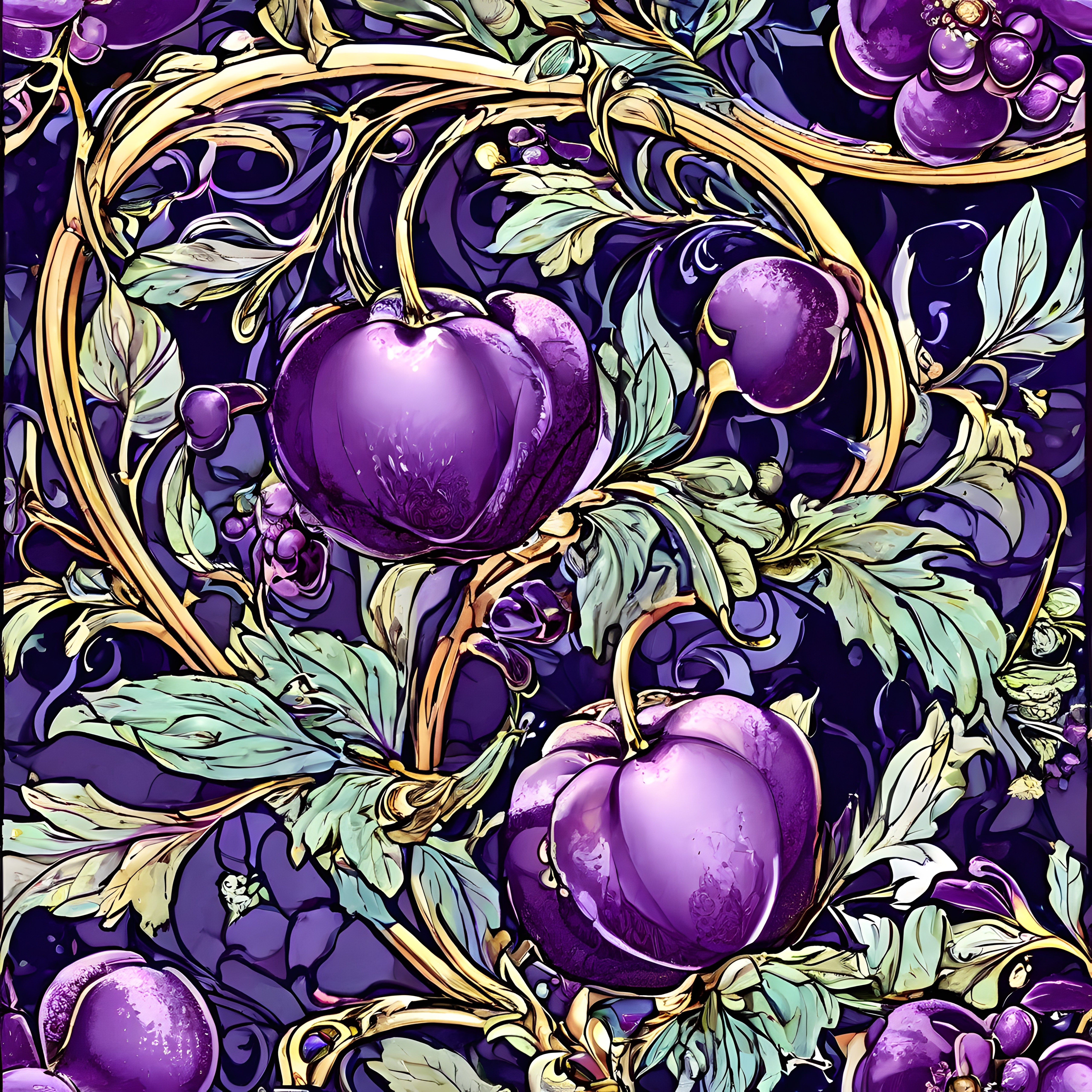 Mor Erik ve Altın Yapraklı Art Nouveau Tarzı Dijital İllüstrasyon