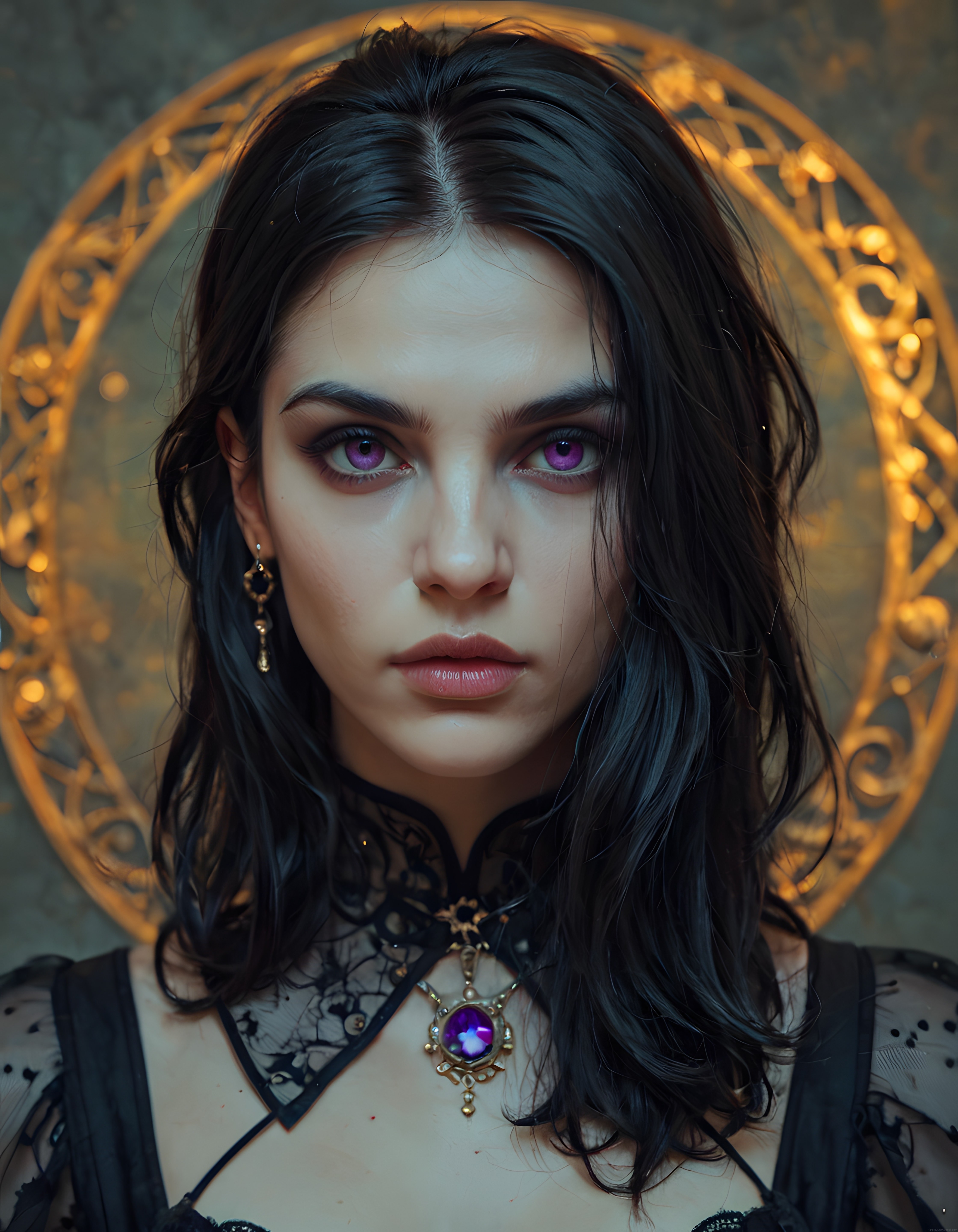 Mor Gözlü Gotik Kadın Portresi: Karanlık Fantezi ve Dijital Sanat Uyumu