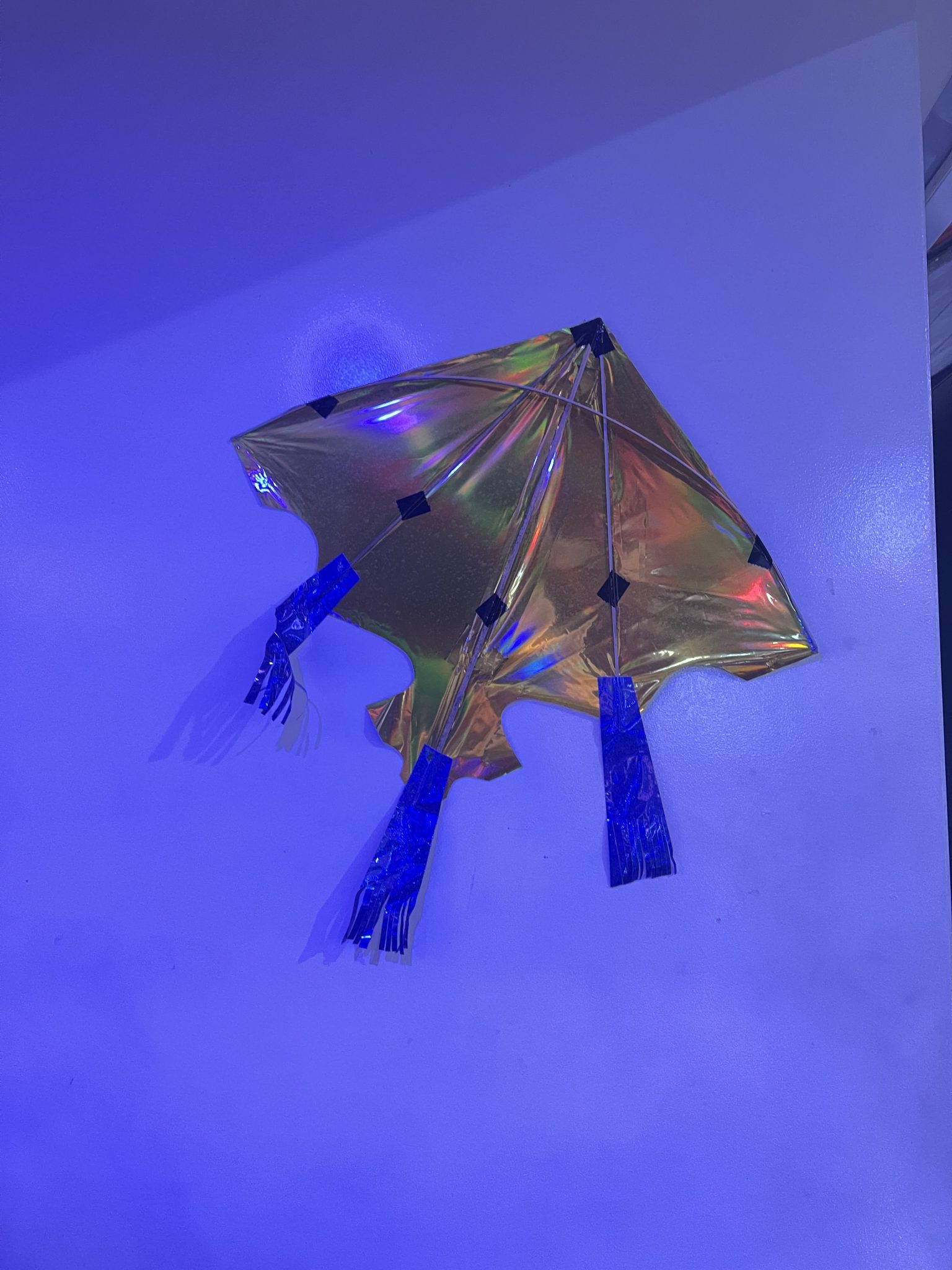 Mor Işıklı Odada Duvara Asılı Holografik Balon ve Mavi Püsküller