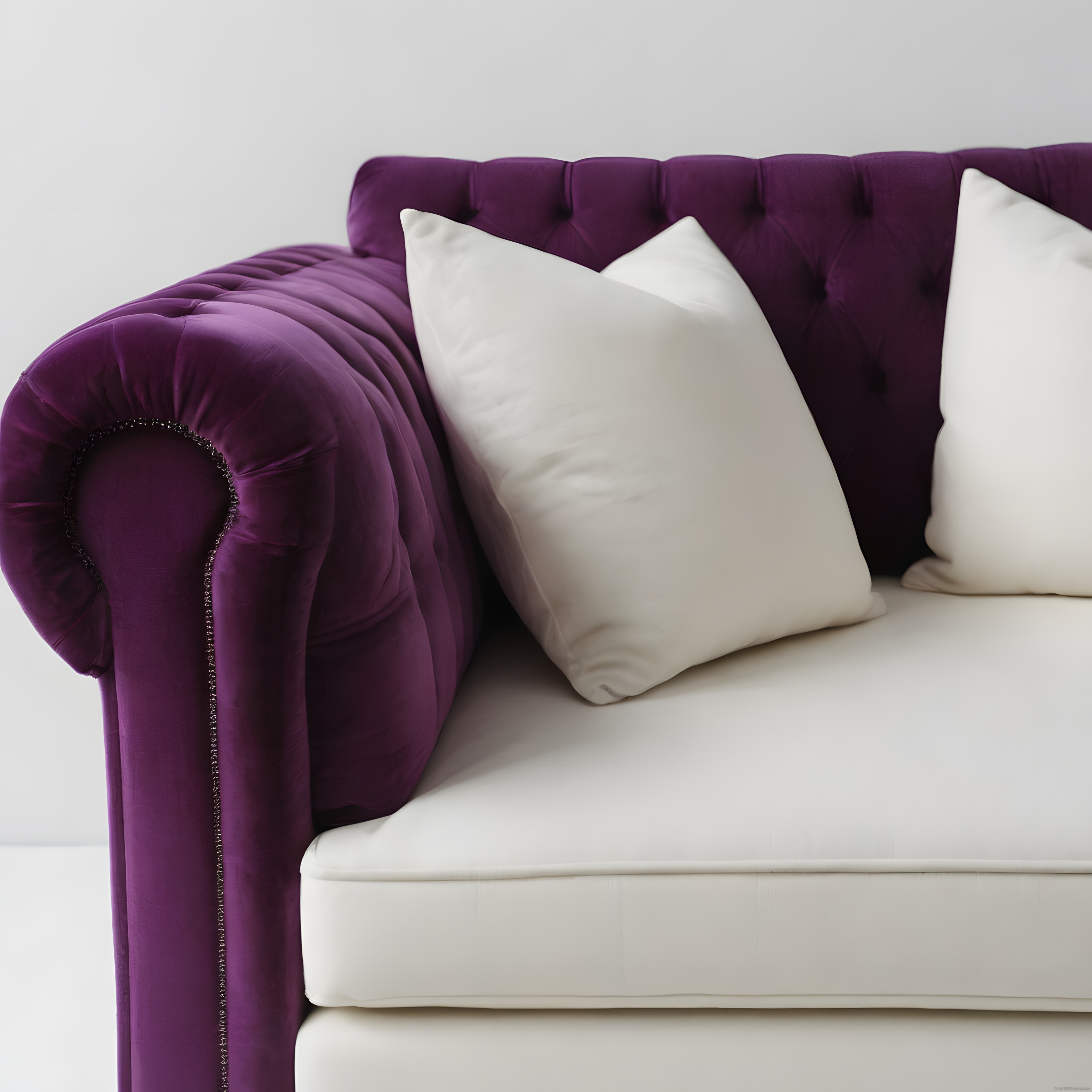 Mor Kadife Chesterfield Koltuk ve Beyaz Yastıklarla Modern Salon Dekoru