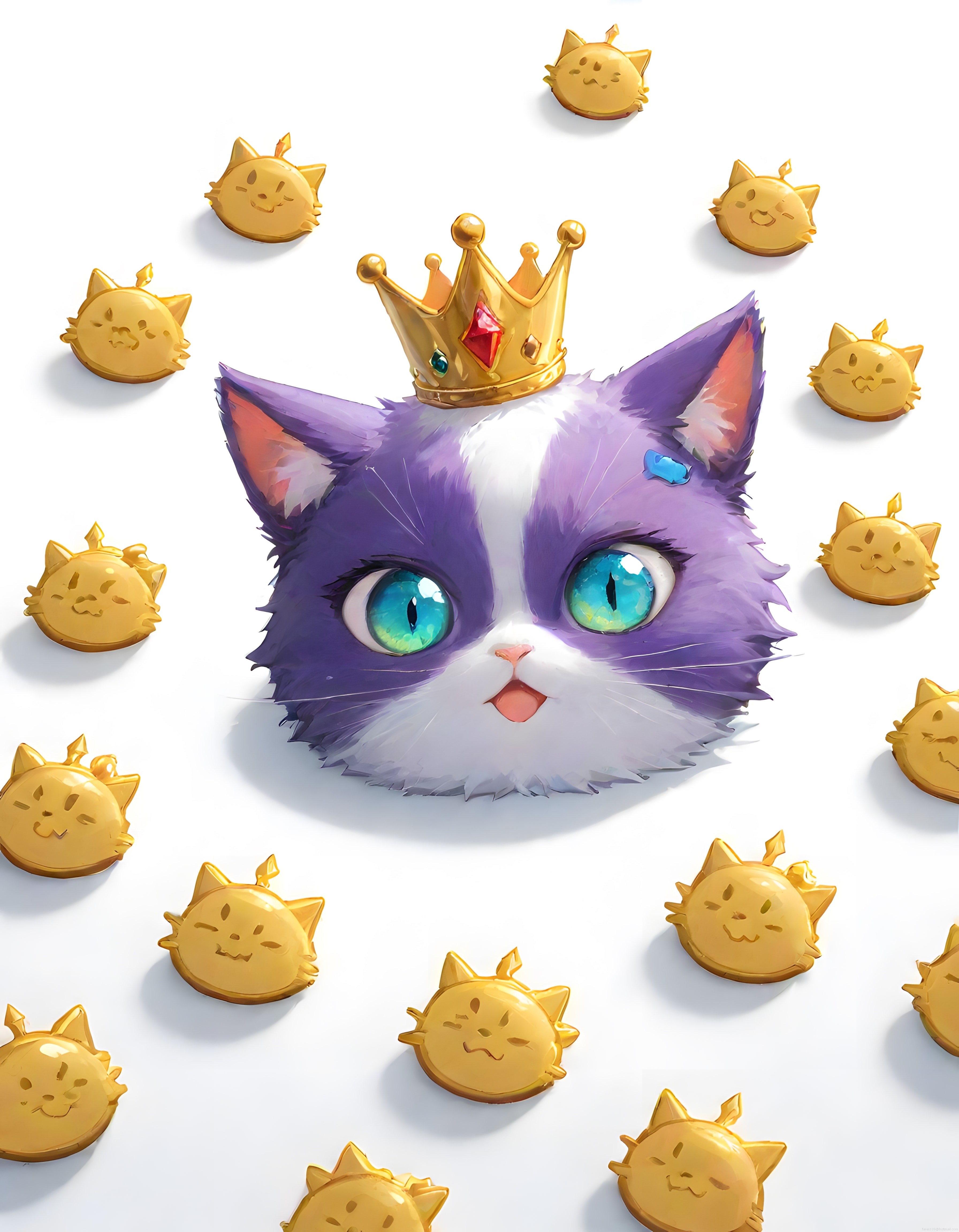 Mor kedi yüzü altın taç ve kedi yüzlü paralarla şirin bir dijital illüstrasyon