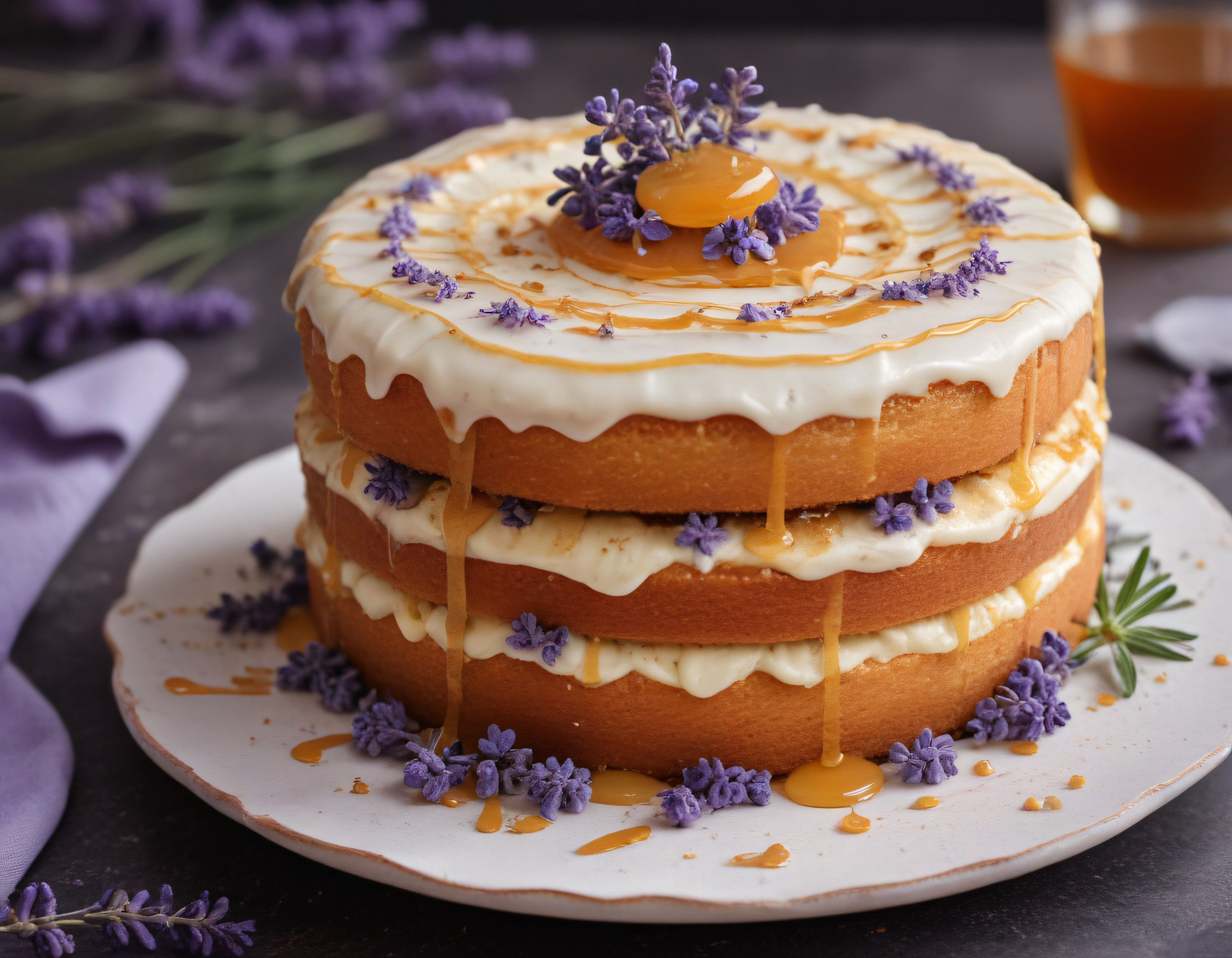 Mor Lavanta Çiçekleriyle Süslenmiş Kremalı ve Karamelli Naked Cake