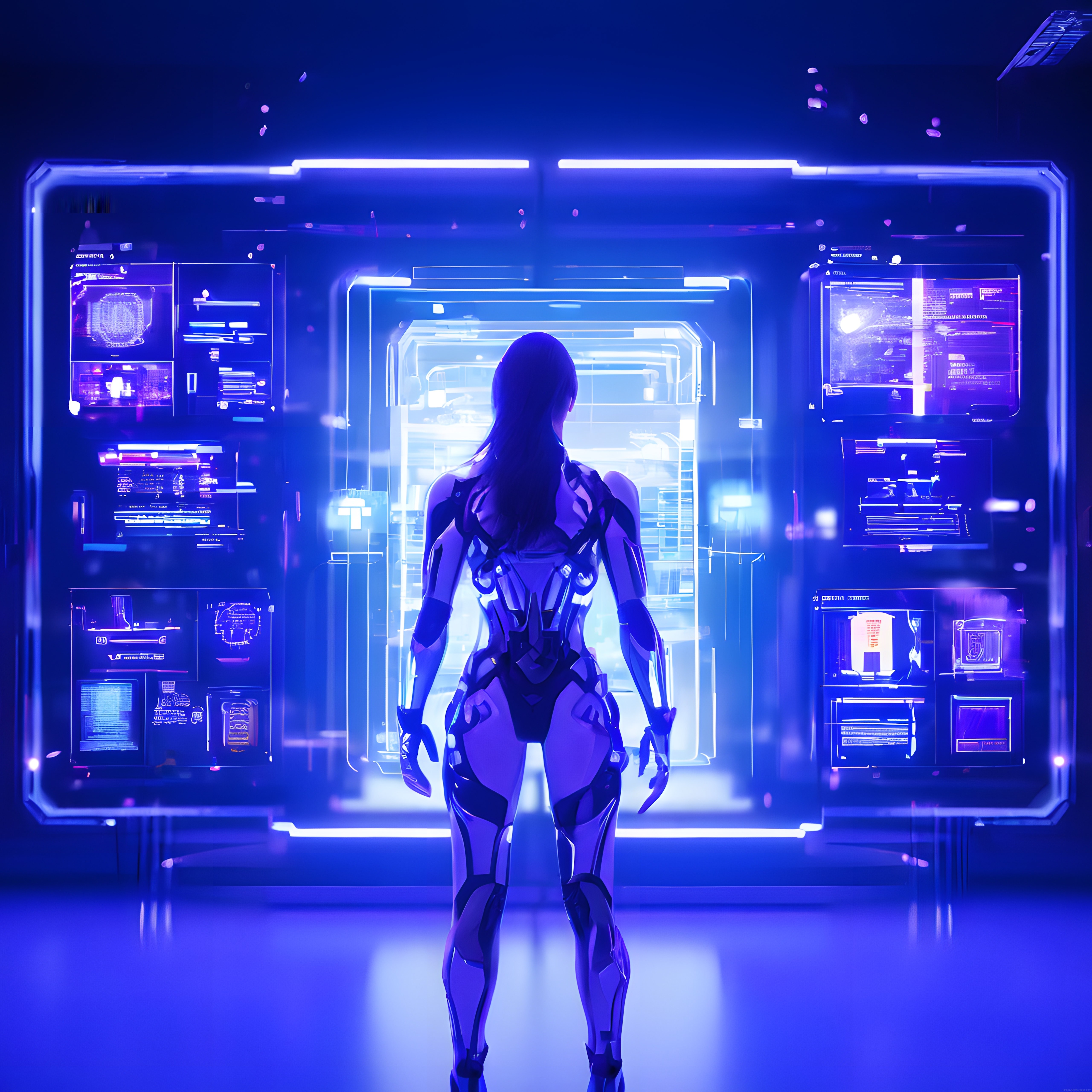 Mor Mavi Işıklı Gelecek Laboratuvarında Android Kadın ve Hologram Ekranlar