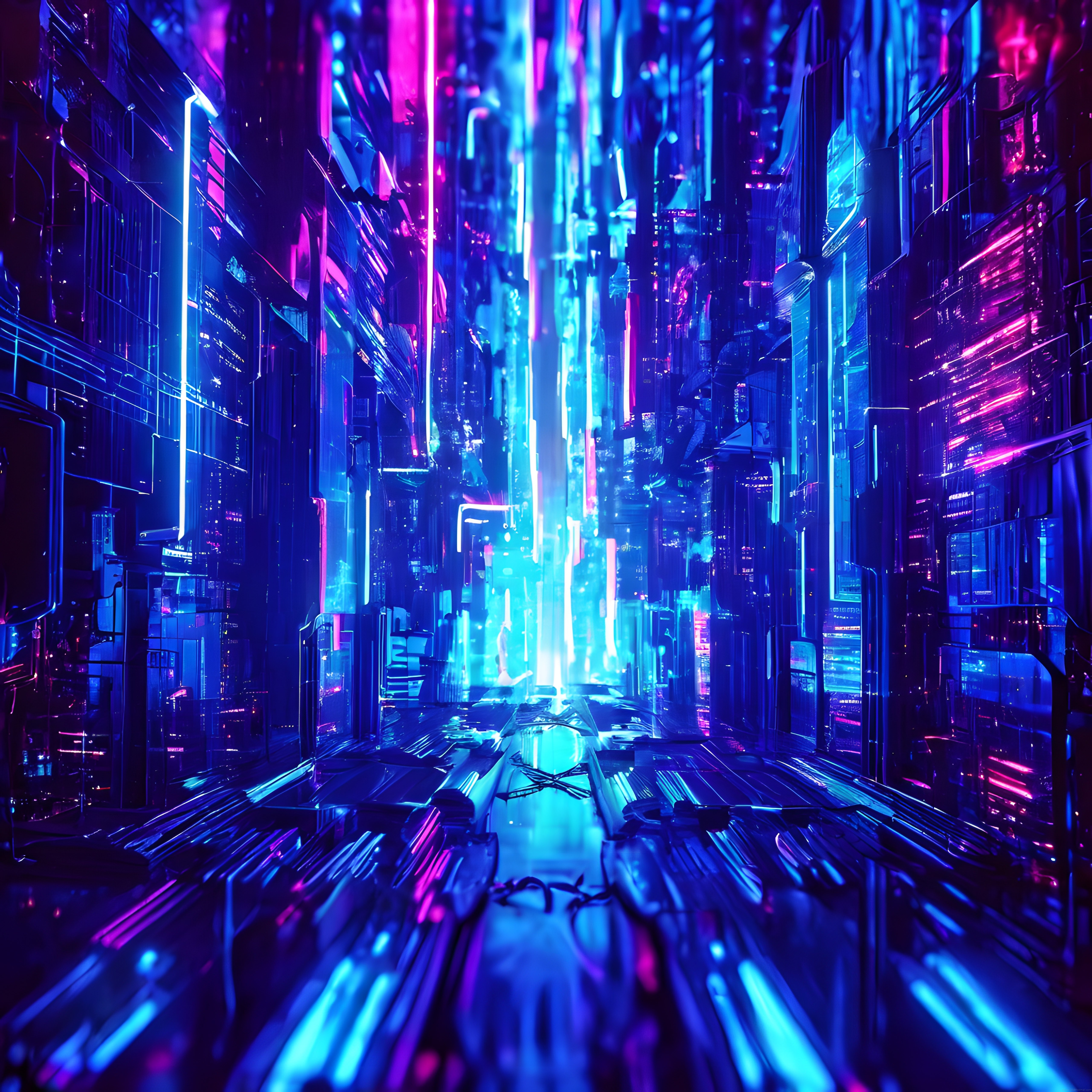 Mor Mavi Neonlarla Kaplanmış Fütüristik Cyberpunk Şehir Manzarası