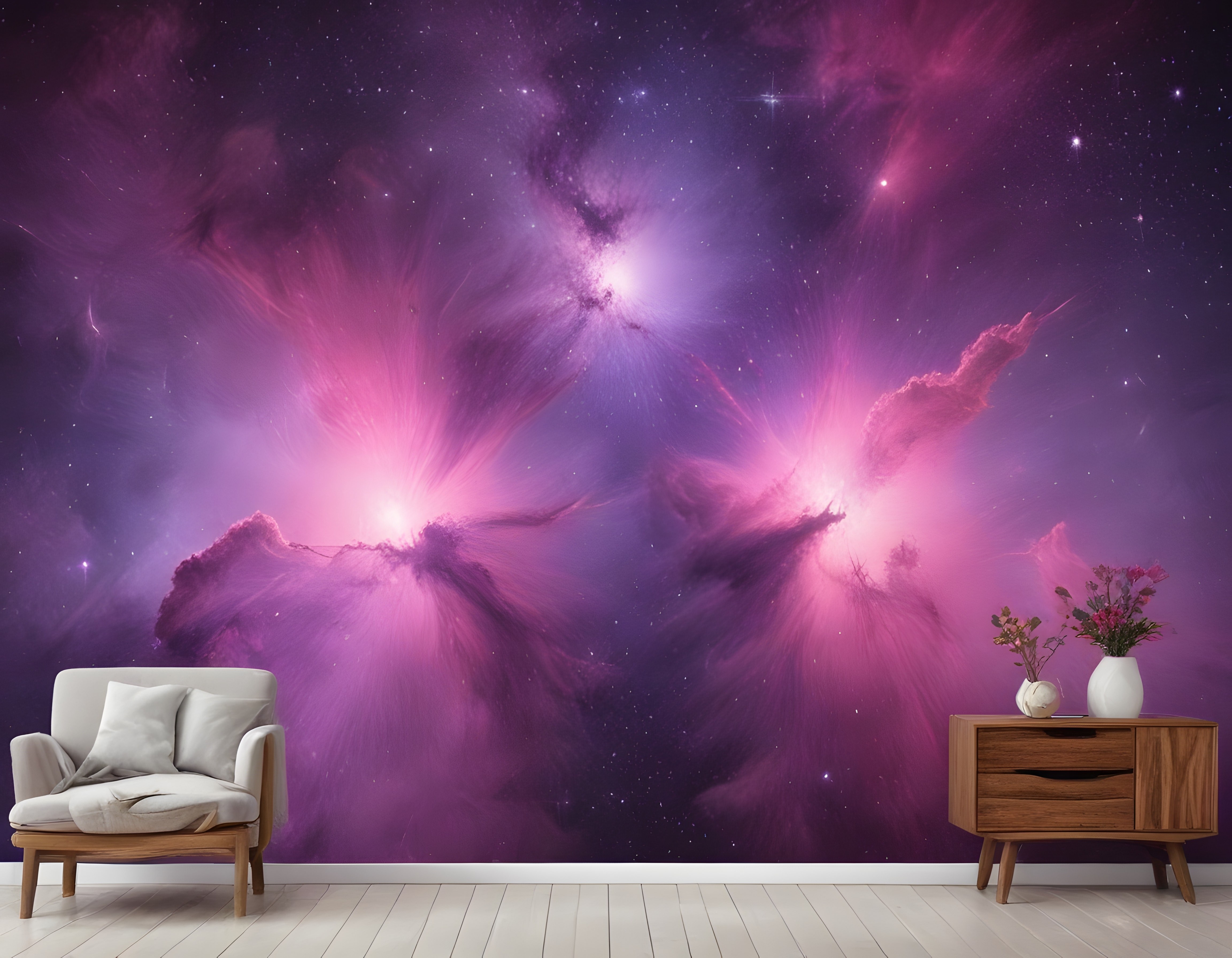 Mor Nebula ve Galaksi Desenli Duvar Kağıdı ile Salon Dekorasyonu
