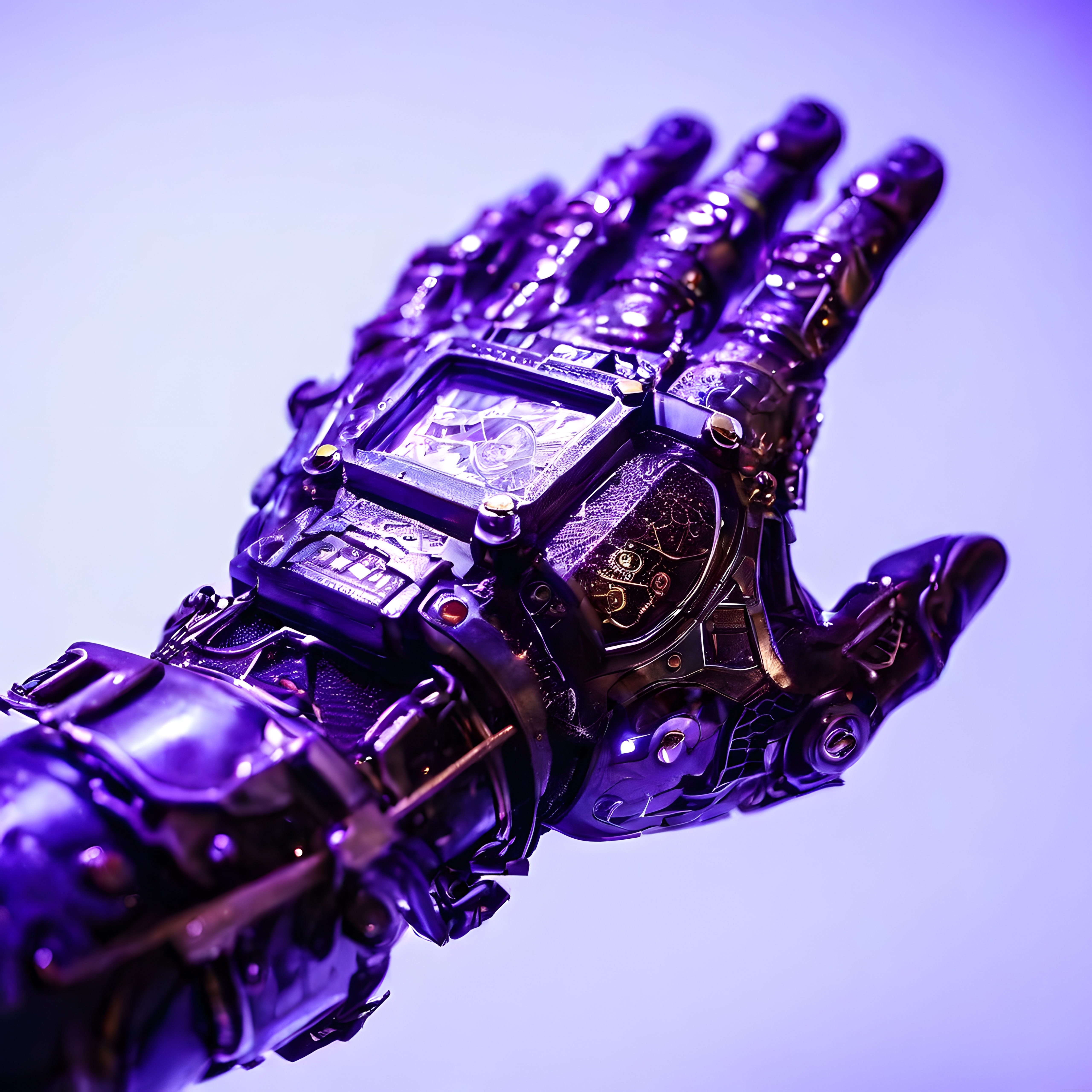 mor neon ışıkla aydınlatılmış dişli ve saat mekanizmalı retro robot el