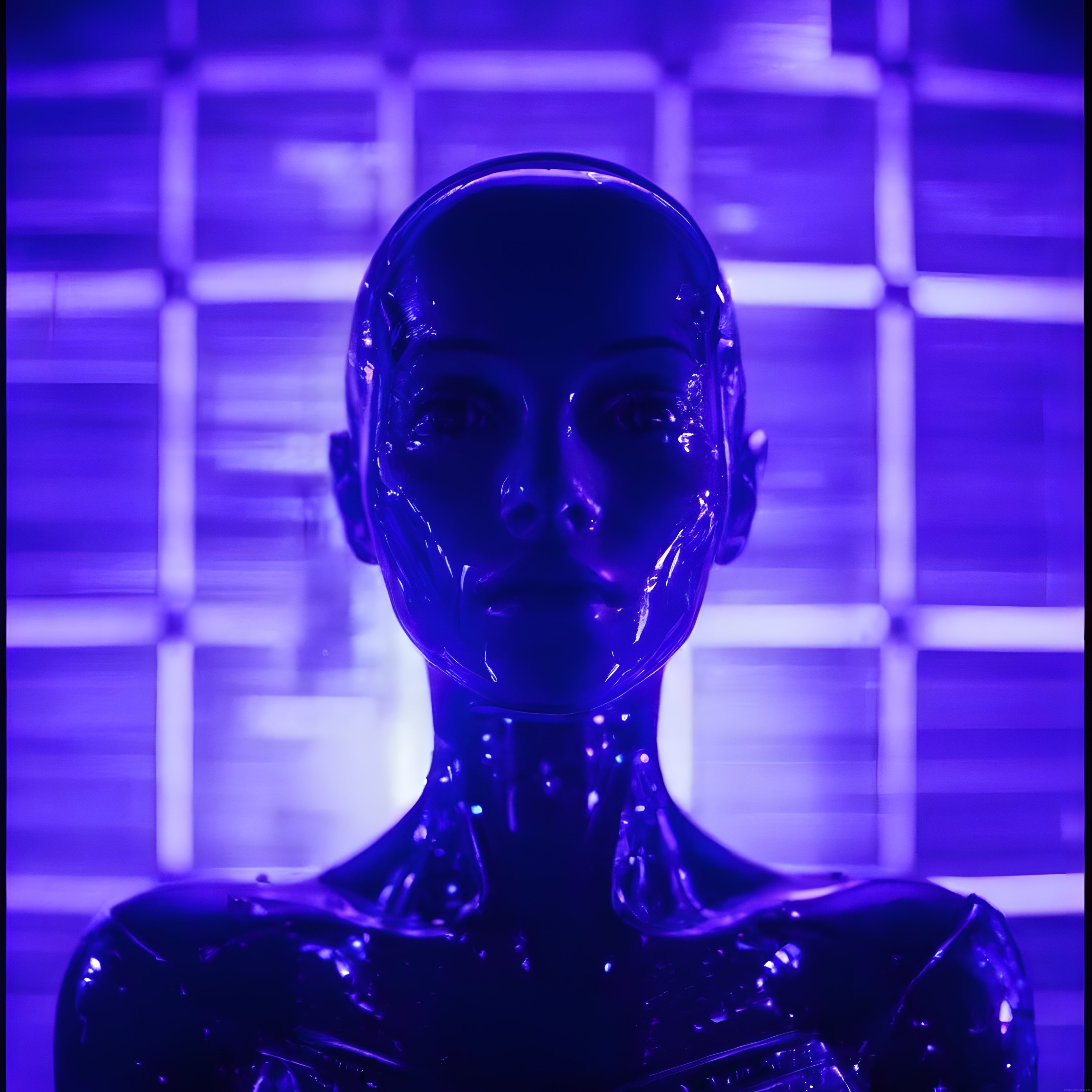 Mor Neon Işıklarda Metalik Android: Yapay Zeka ve Robotik Estetik