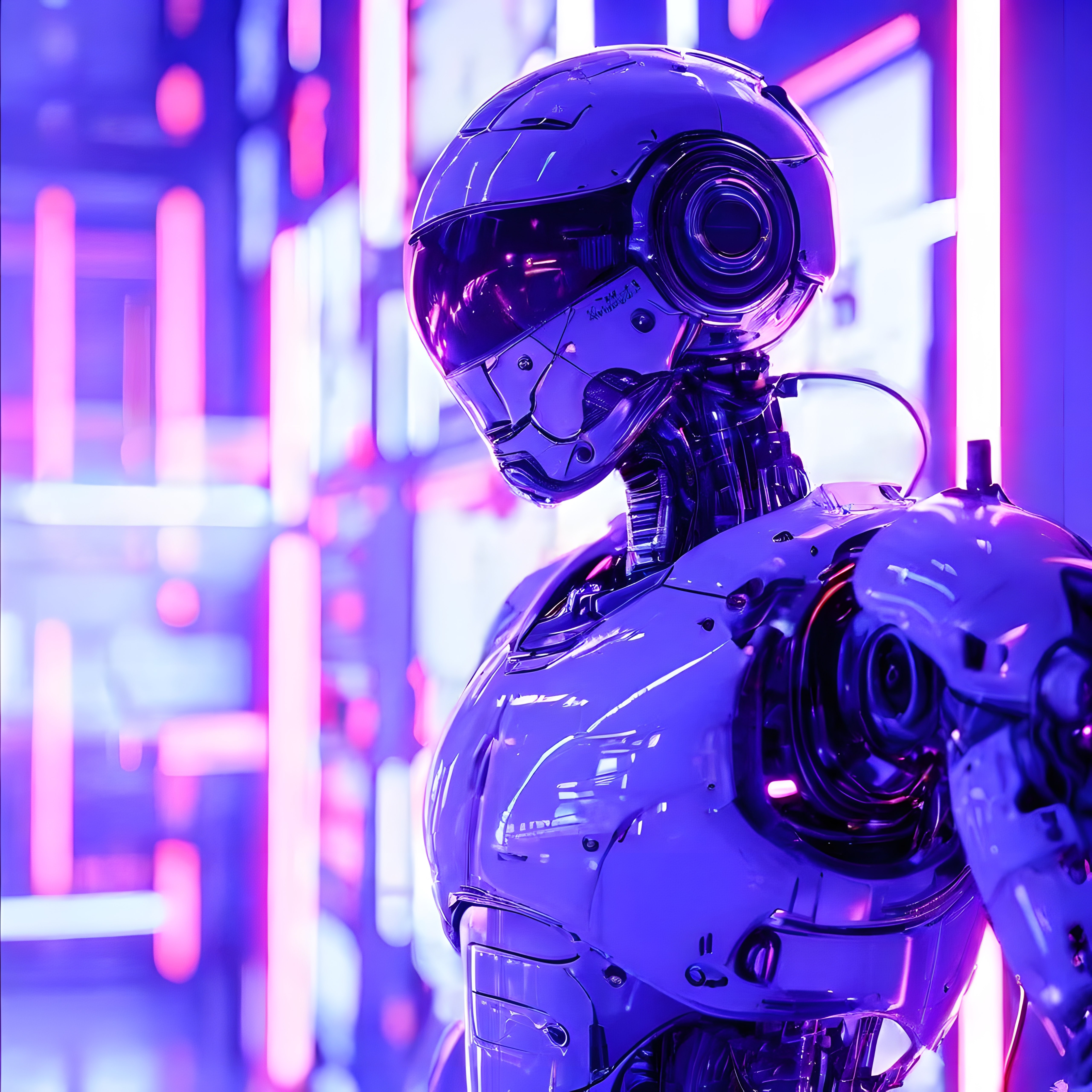 Mor Neon Işıkların Aydınlattığı Geleceğin Metalik İnsansı Robotu