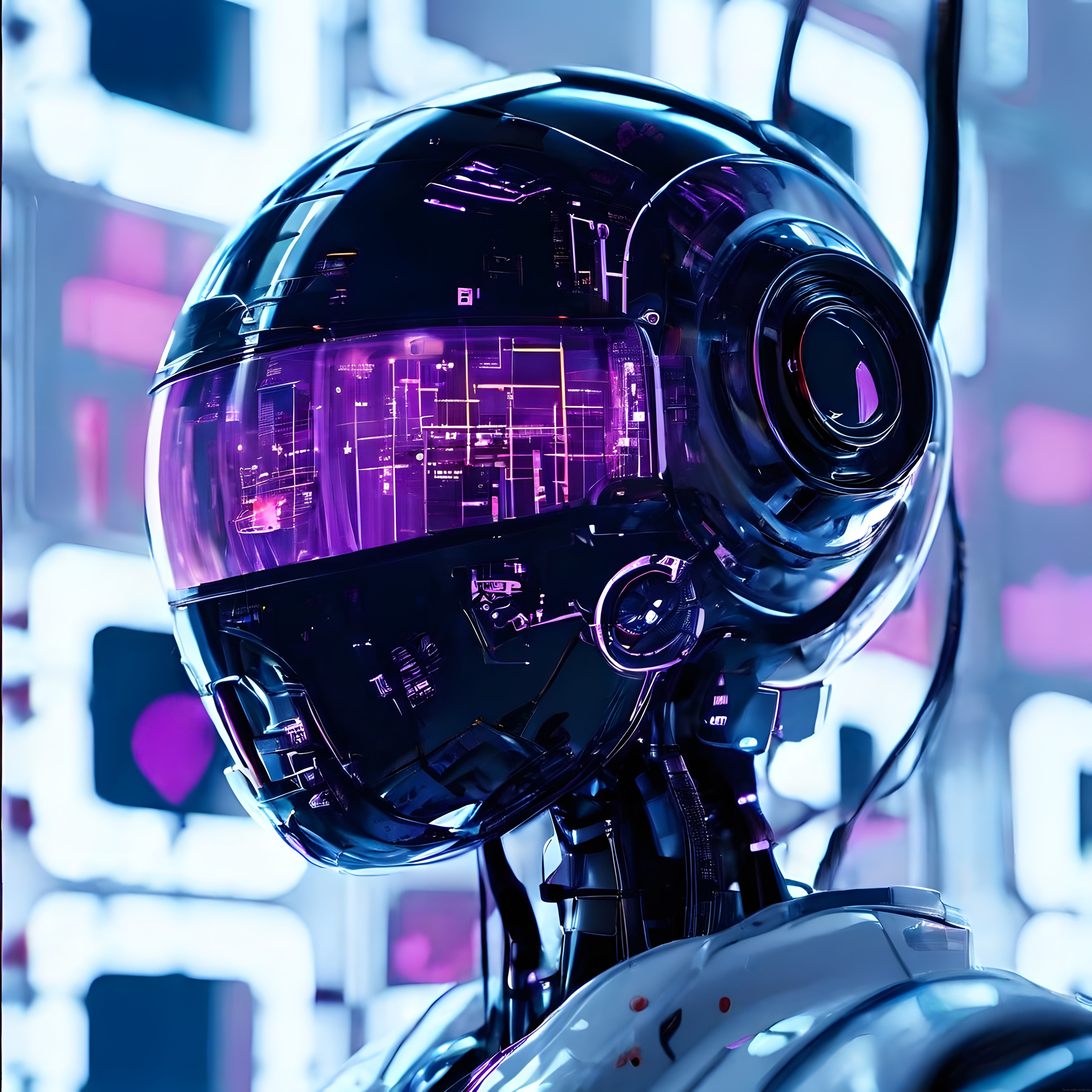 Mor Neon Işıklarıyla Parıldayan Gelecekten Gelen Cyberpunk Robot Kaskı
