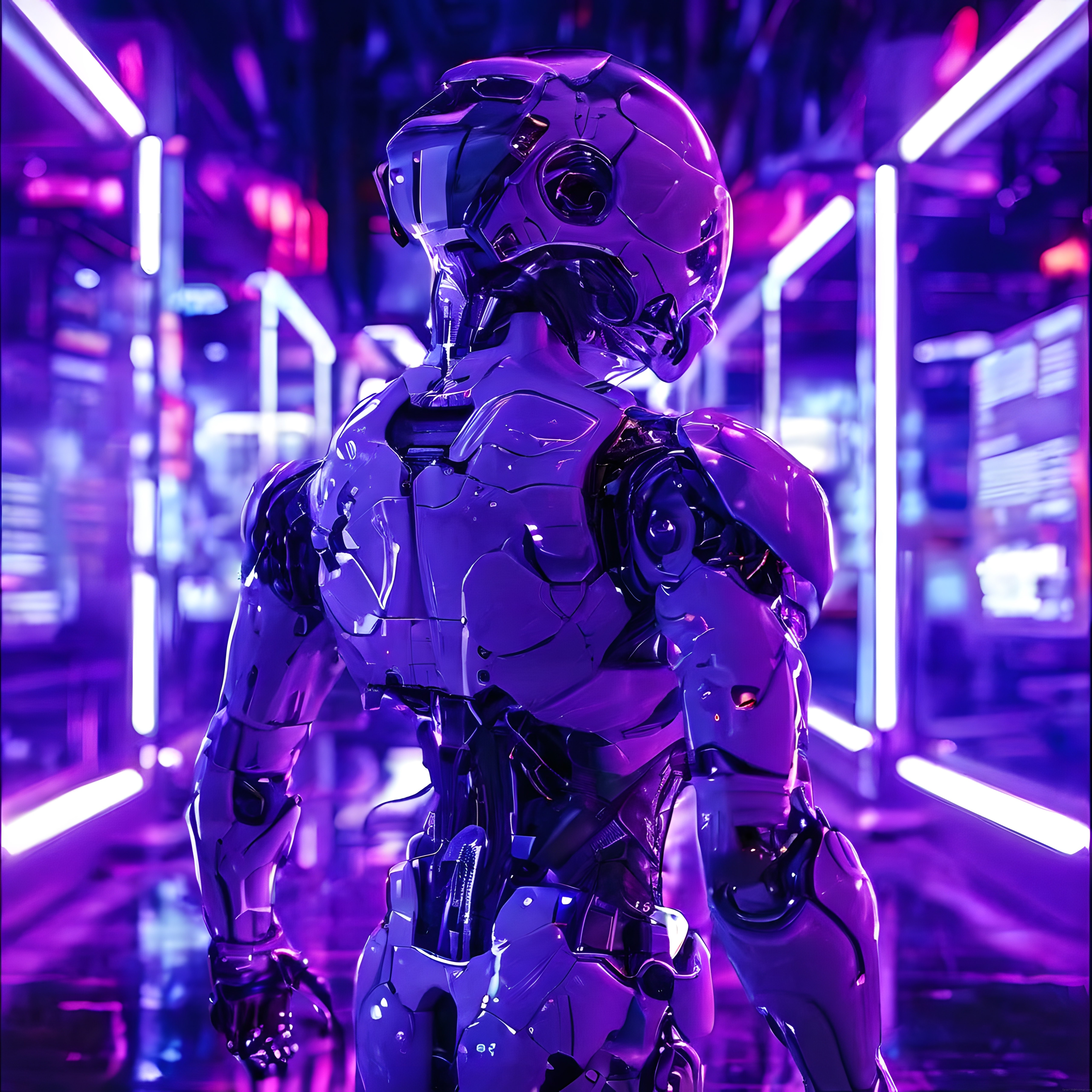 Mor Neon Işıklarla Aydınlatılmış Cyberpunk İnsanoid Robot Görseli