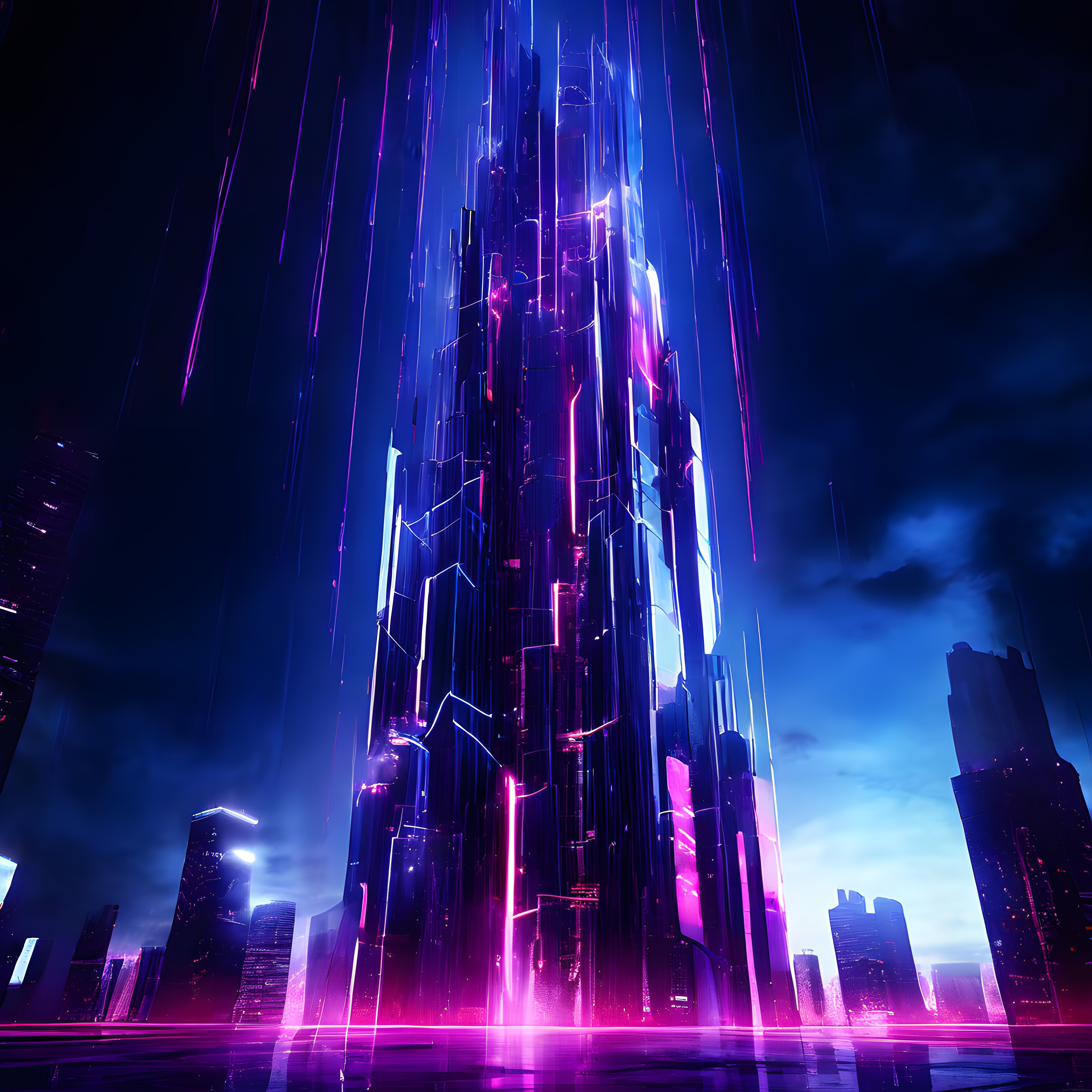 Mor Neon Işıklarla Aydınlatılmış Dev Bir Cyberpunk Gökdelenin Gizemli Gecesi