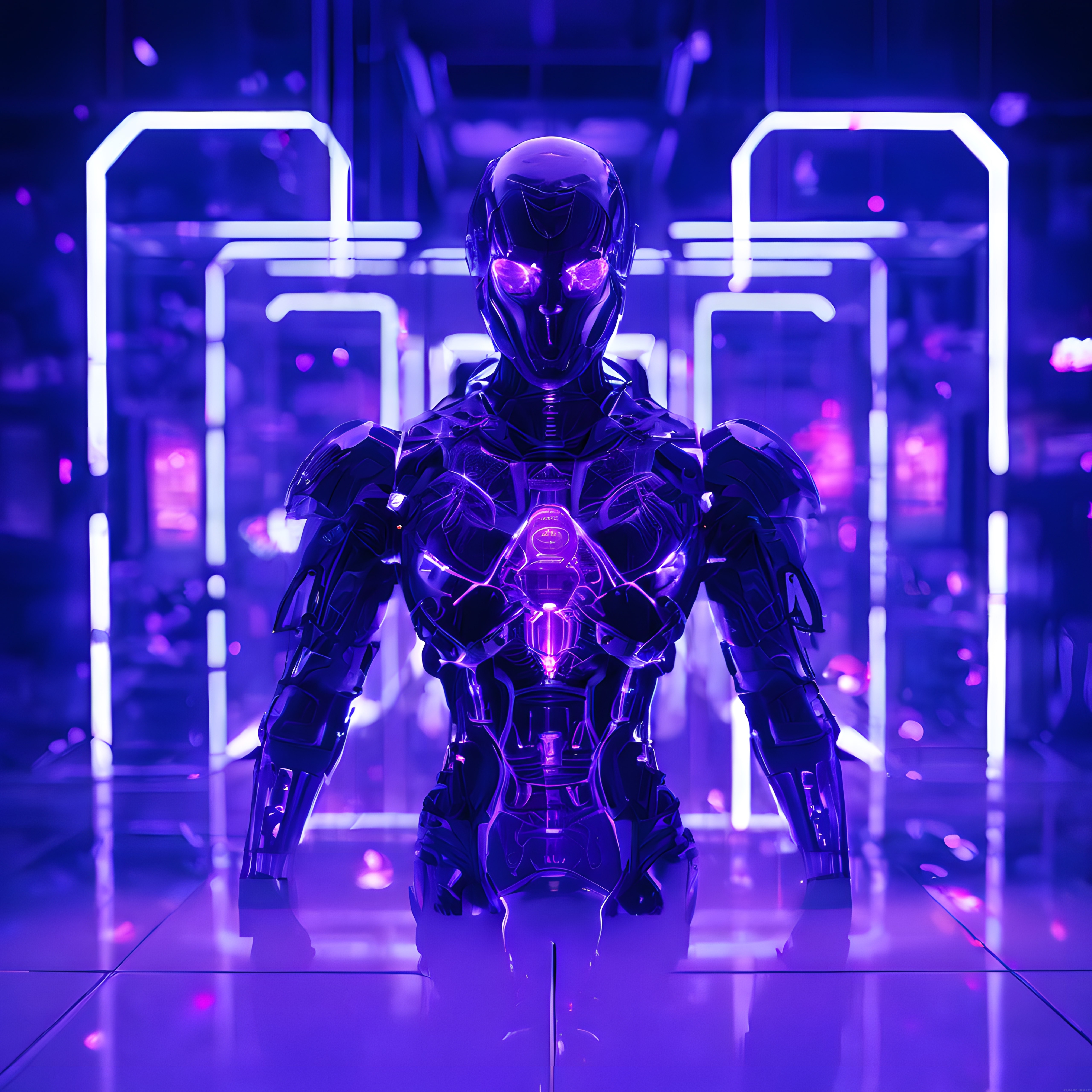 mor neon ışıklı geleceğin savaş robotu ve fütüristik cyberpunk koridoru