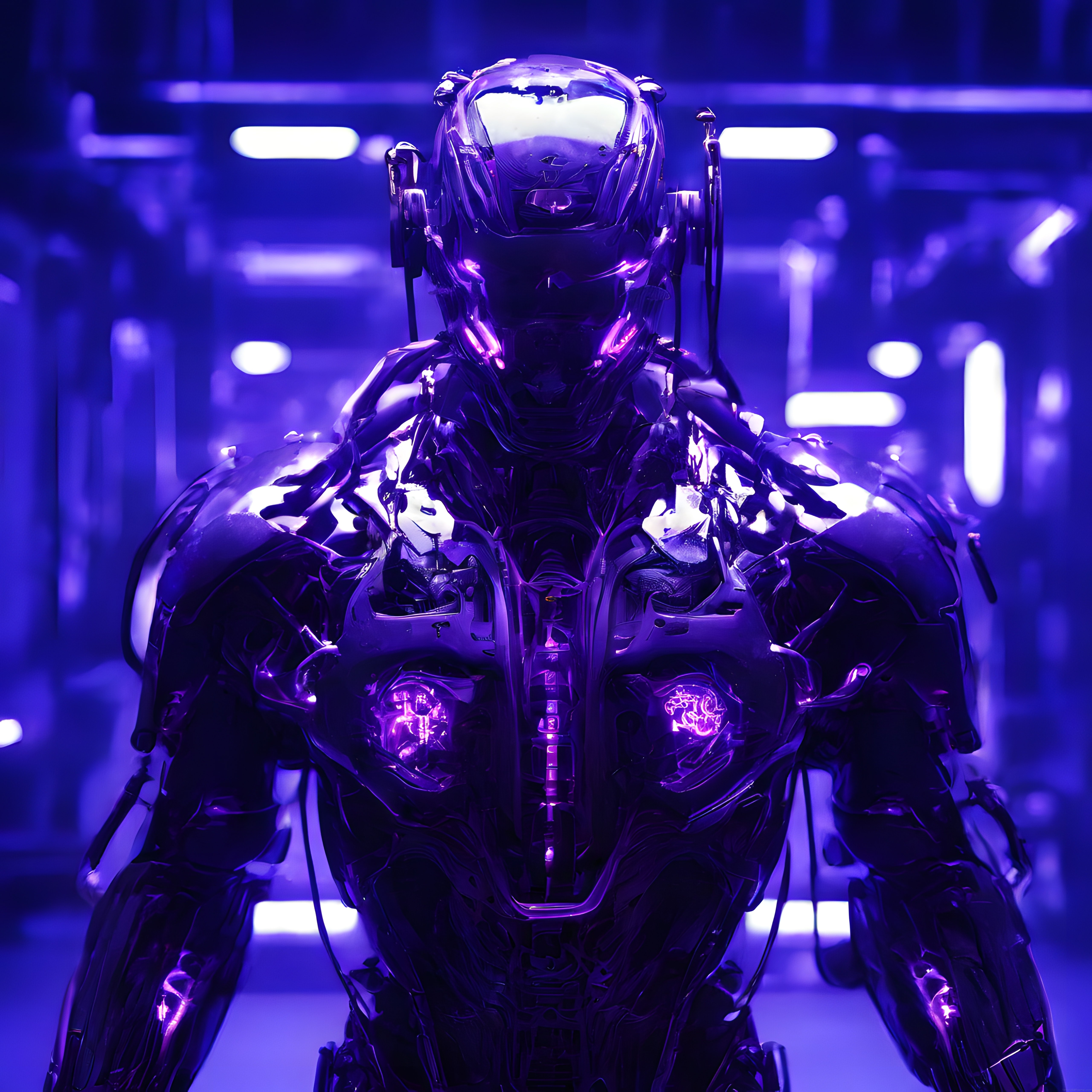 Mor Neon Işıklı Gelecekçi Laboratuvarda İnsanoid Robot Portresi