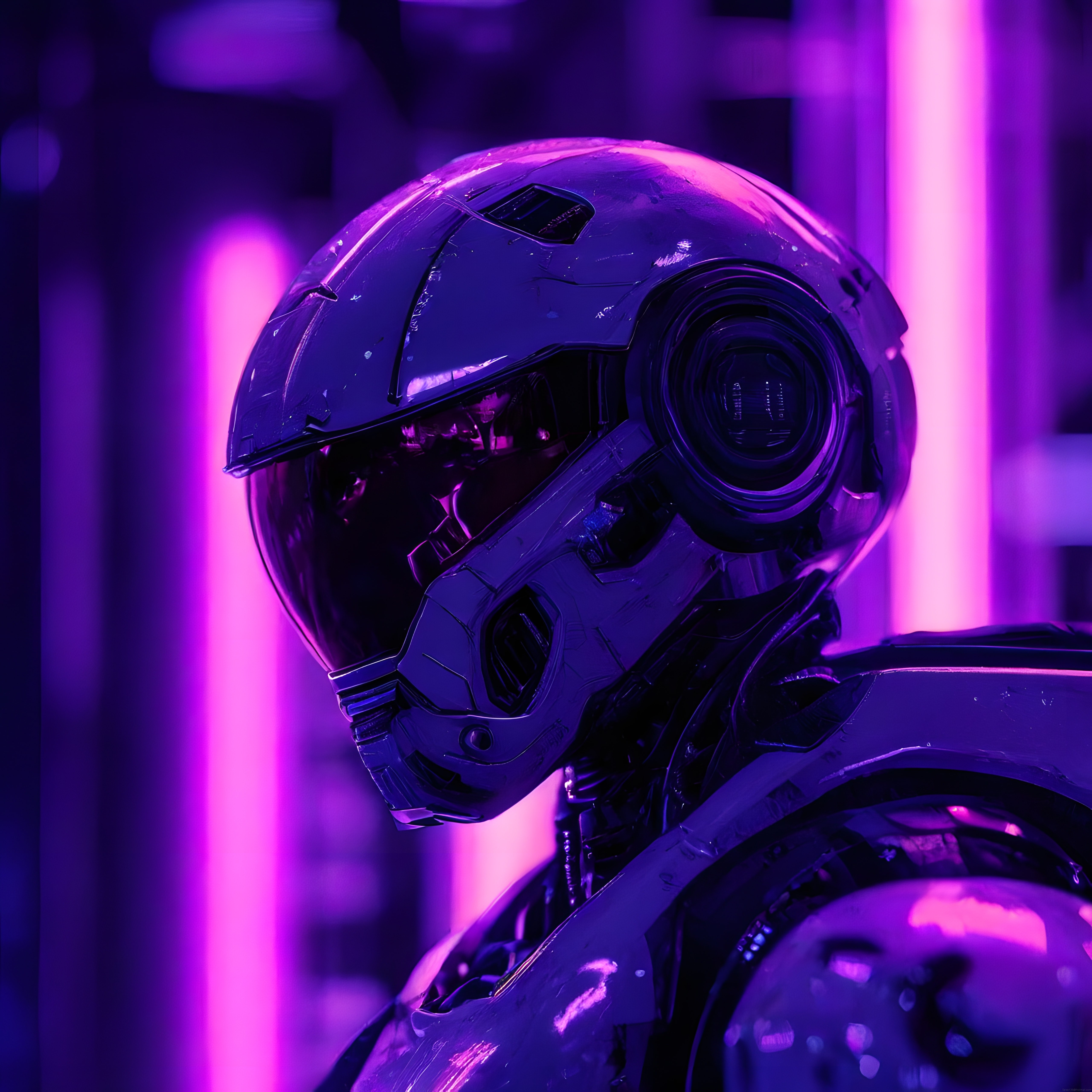 Mor Neon Işıklı Gelecekçi Robot Portresi: Yapay Zeka ve Mekaniğin Dansı