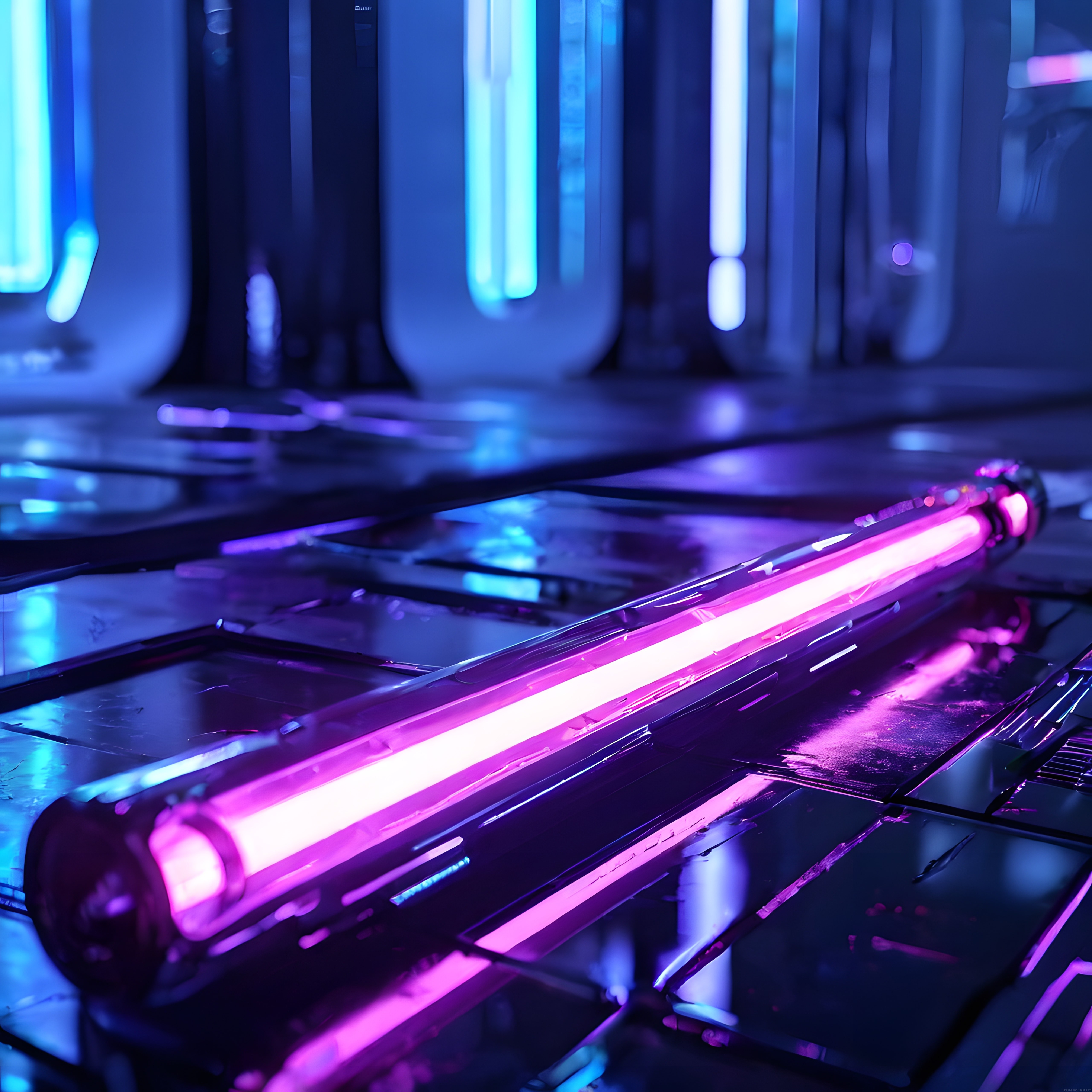Mor neon tüp ve mavi ışıklarla cyberpunk tarzında fütüristik gece görseli
