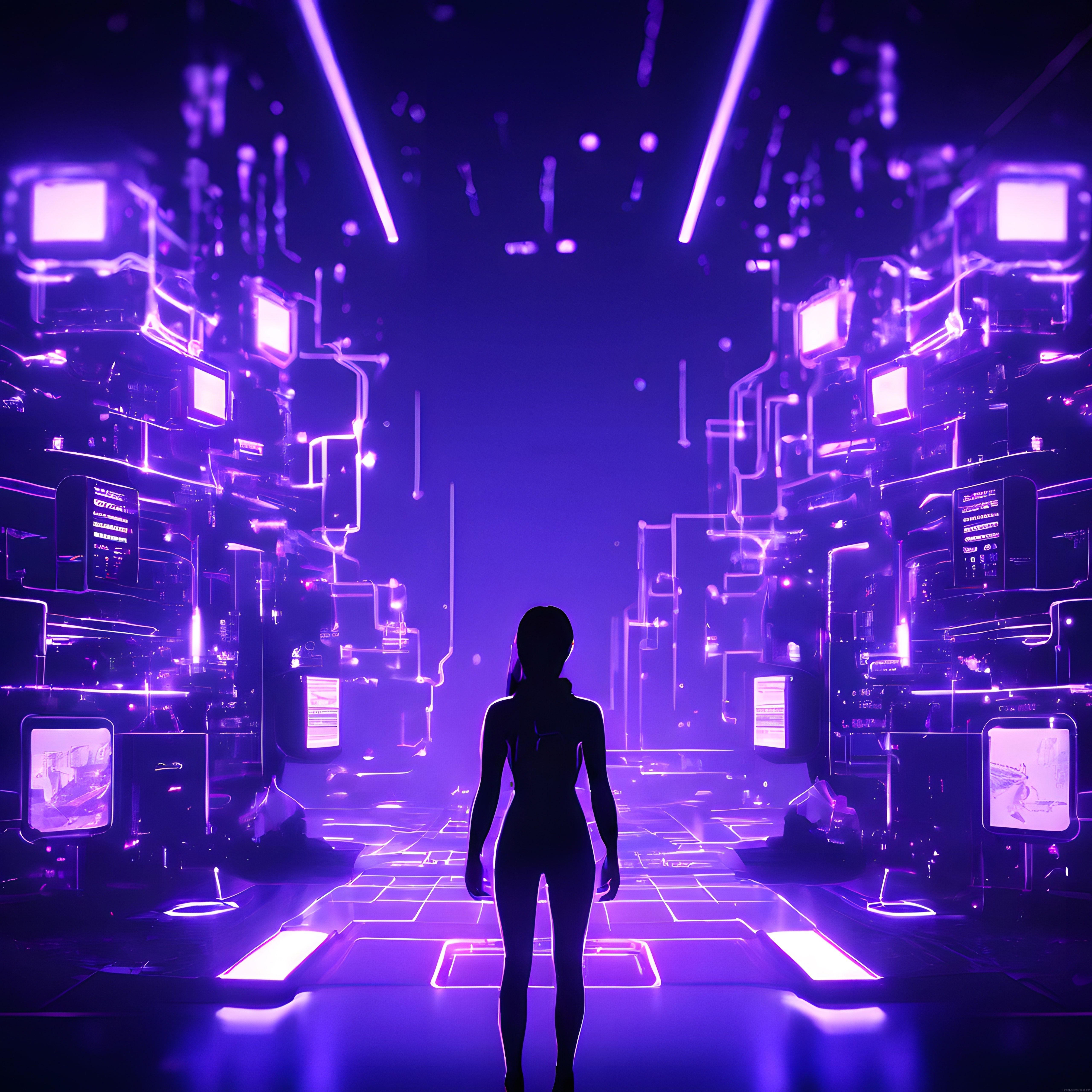 Mor Neonlarla Aydınlanan Cyberpunk Dijital Koridorda Yalnız Kadın Silueti
