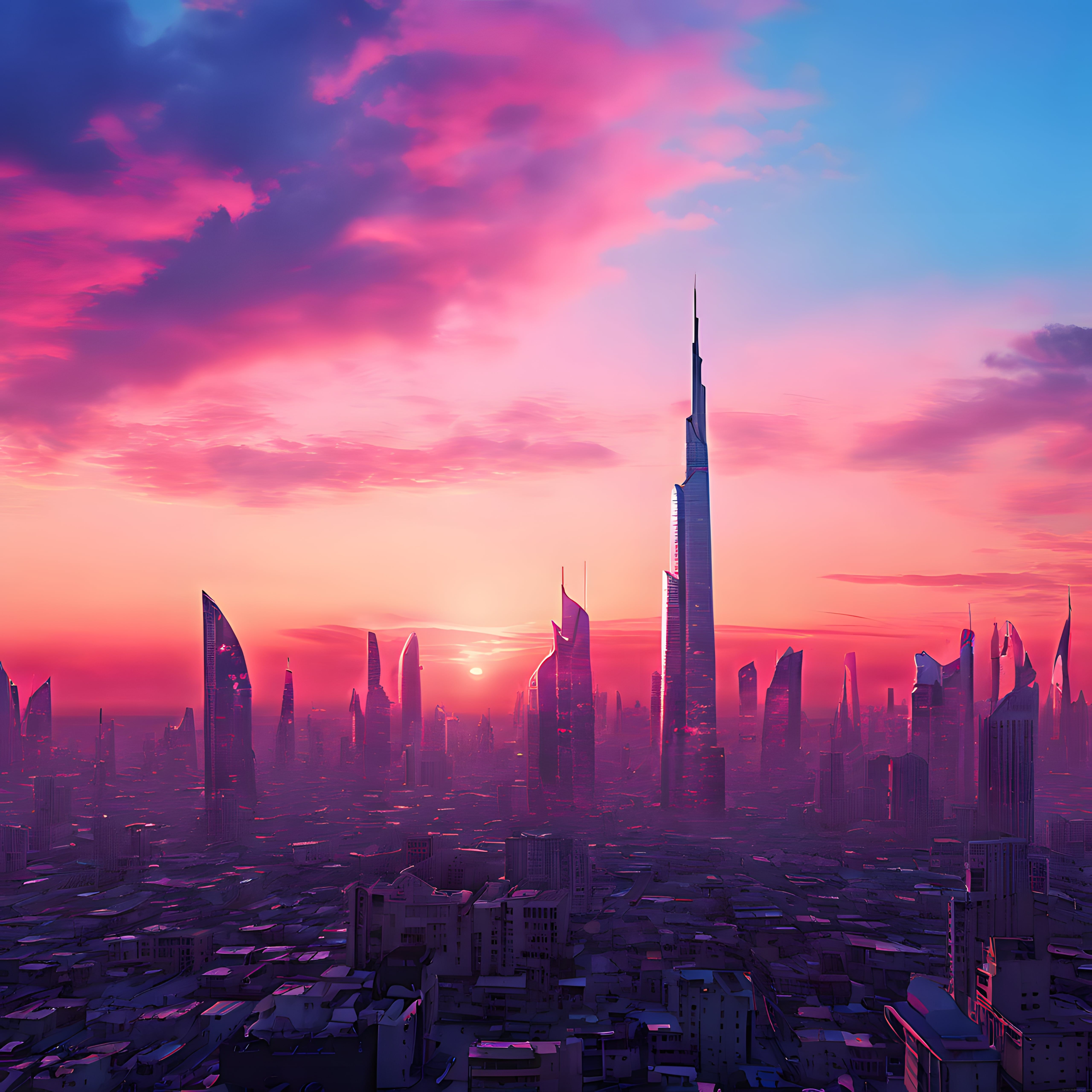 Mor pembe gün batımında dubai gökdelenleri ve büyüleyici şehir silueti