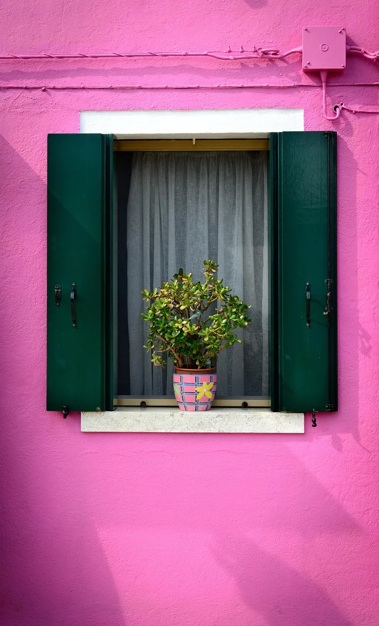 Mor pencere ve balkon bitkileriyle ev detay fotoğrafı