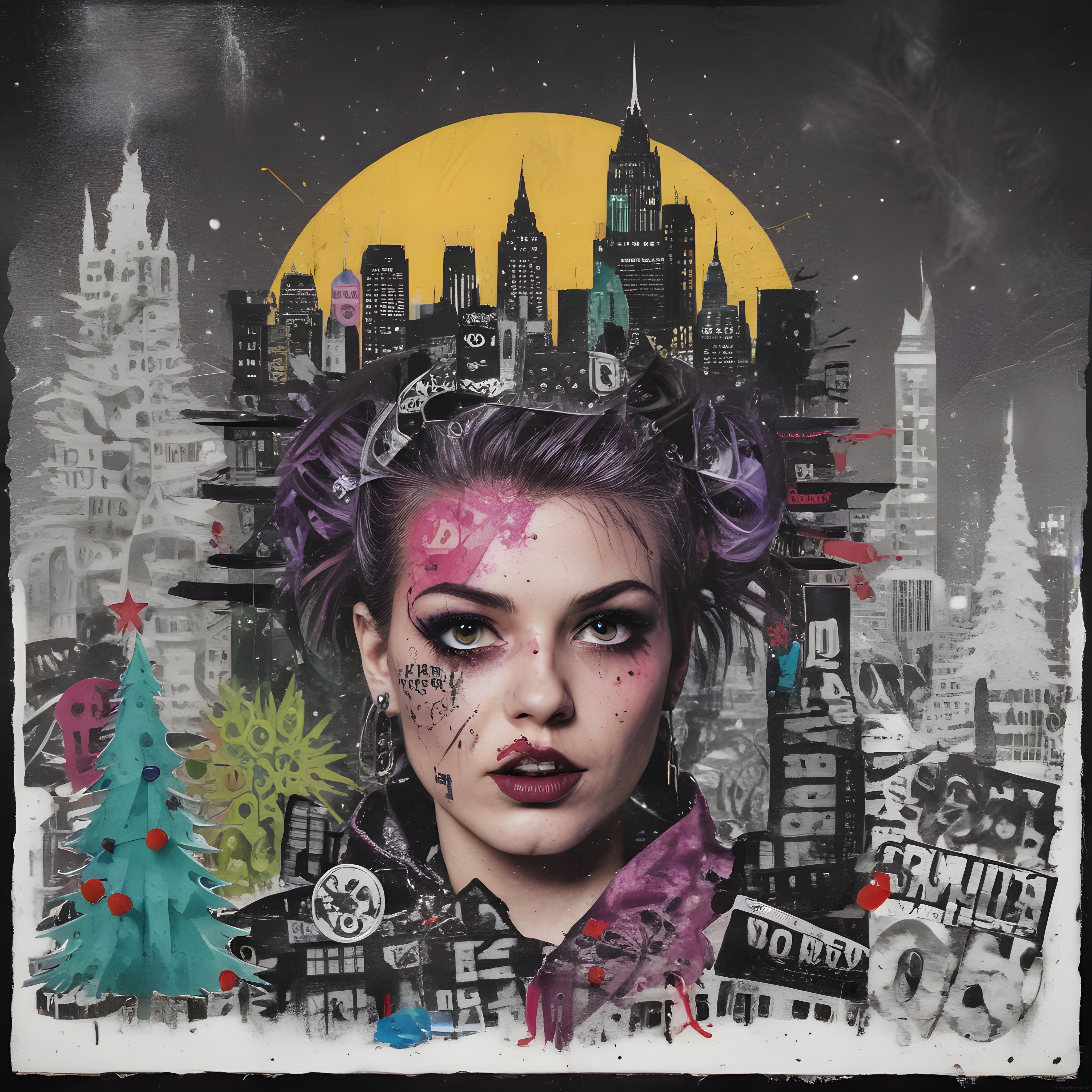 Mor Saçlı Punk Kız ve Karlı New York Dijital Kolaj Sanat Çalışması