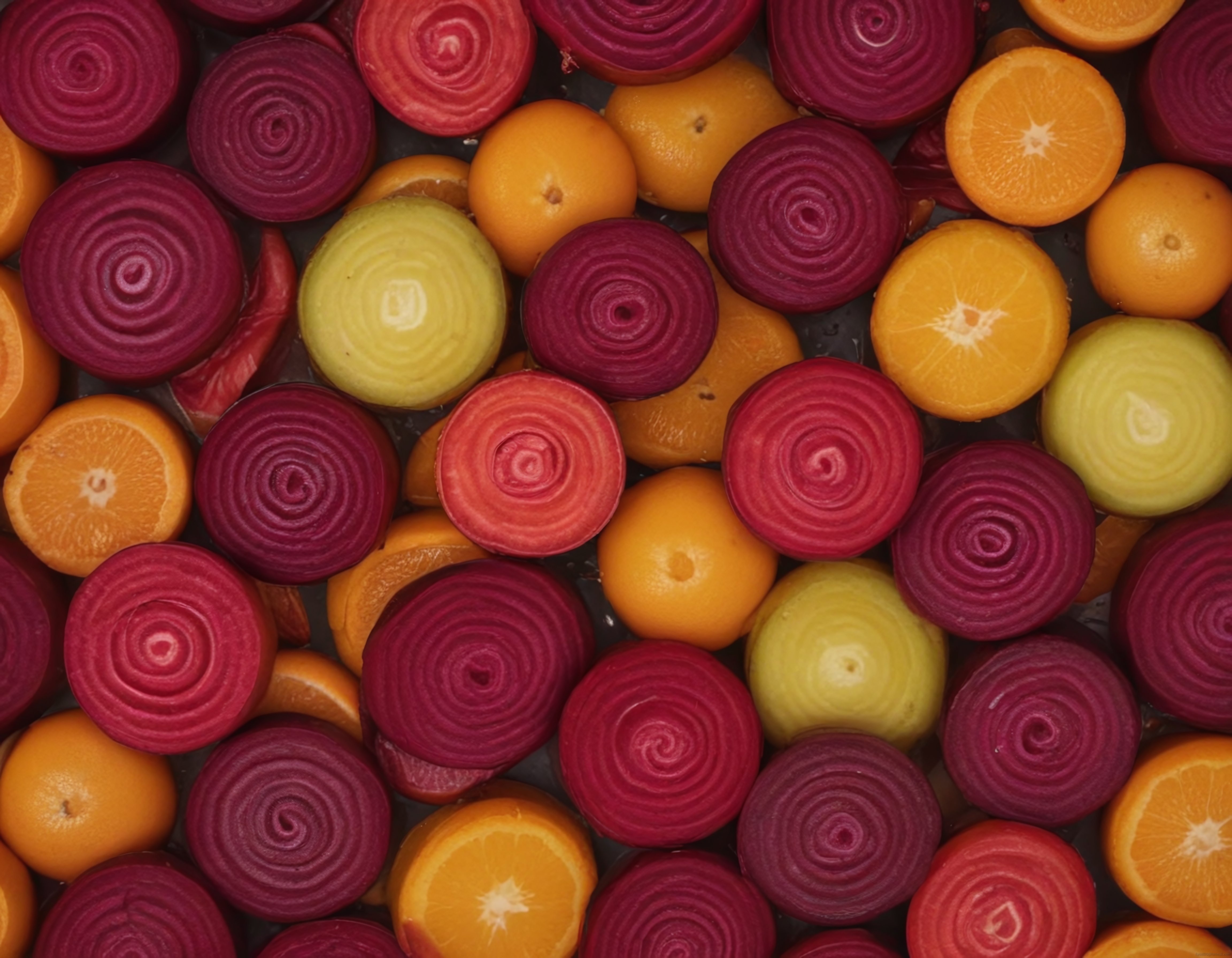 Mor soğan portakal ve limon dilimlerinden oluşan renkli yemek fotoğrafı