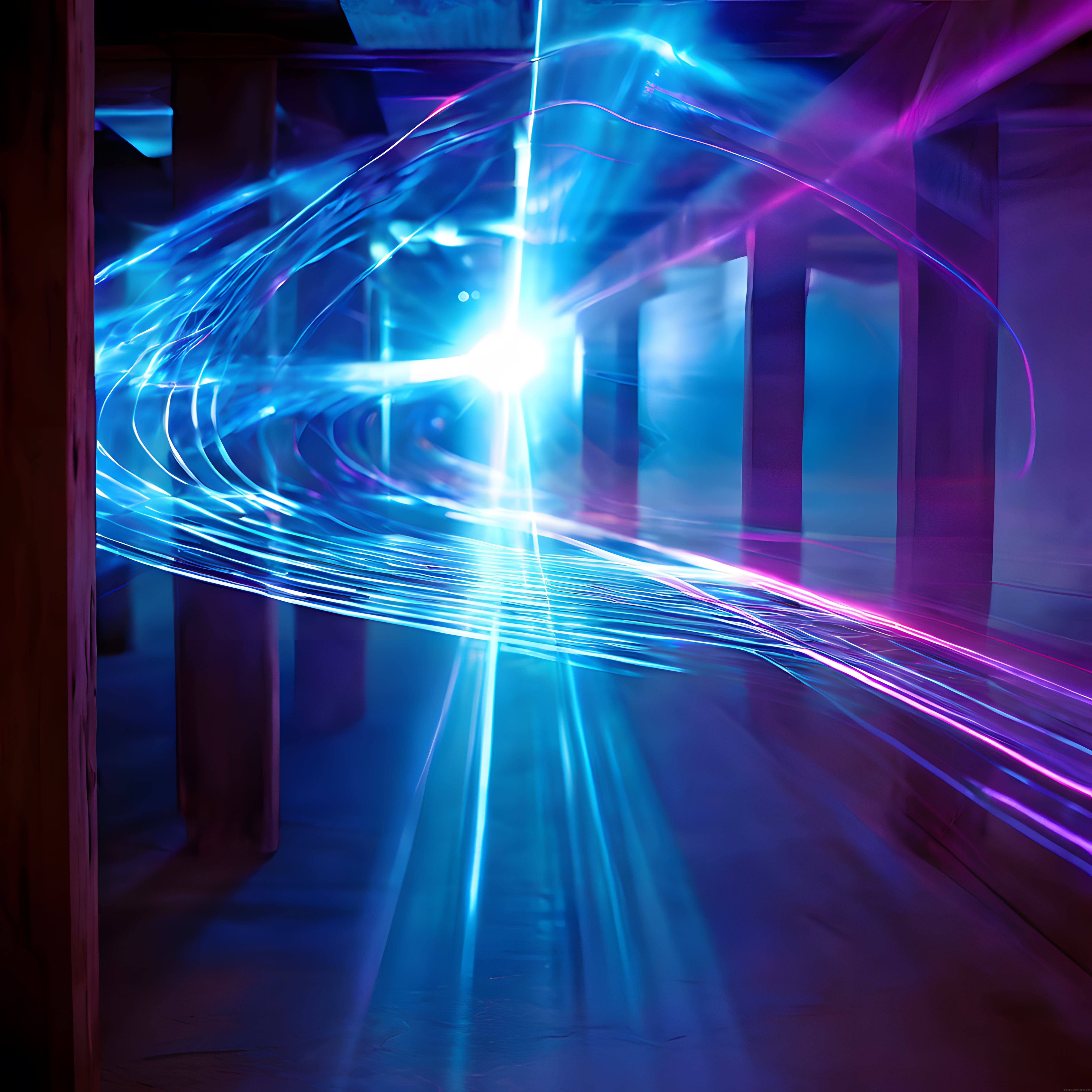 Mor ve mavi neon ışıklarla aydınlanmış geleceğin dijital sanat koridoru