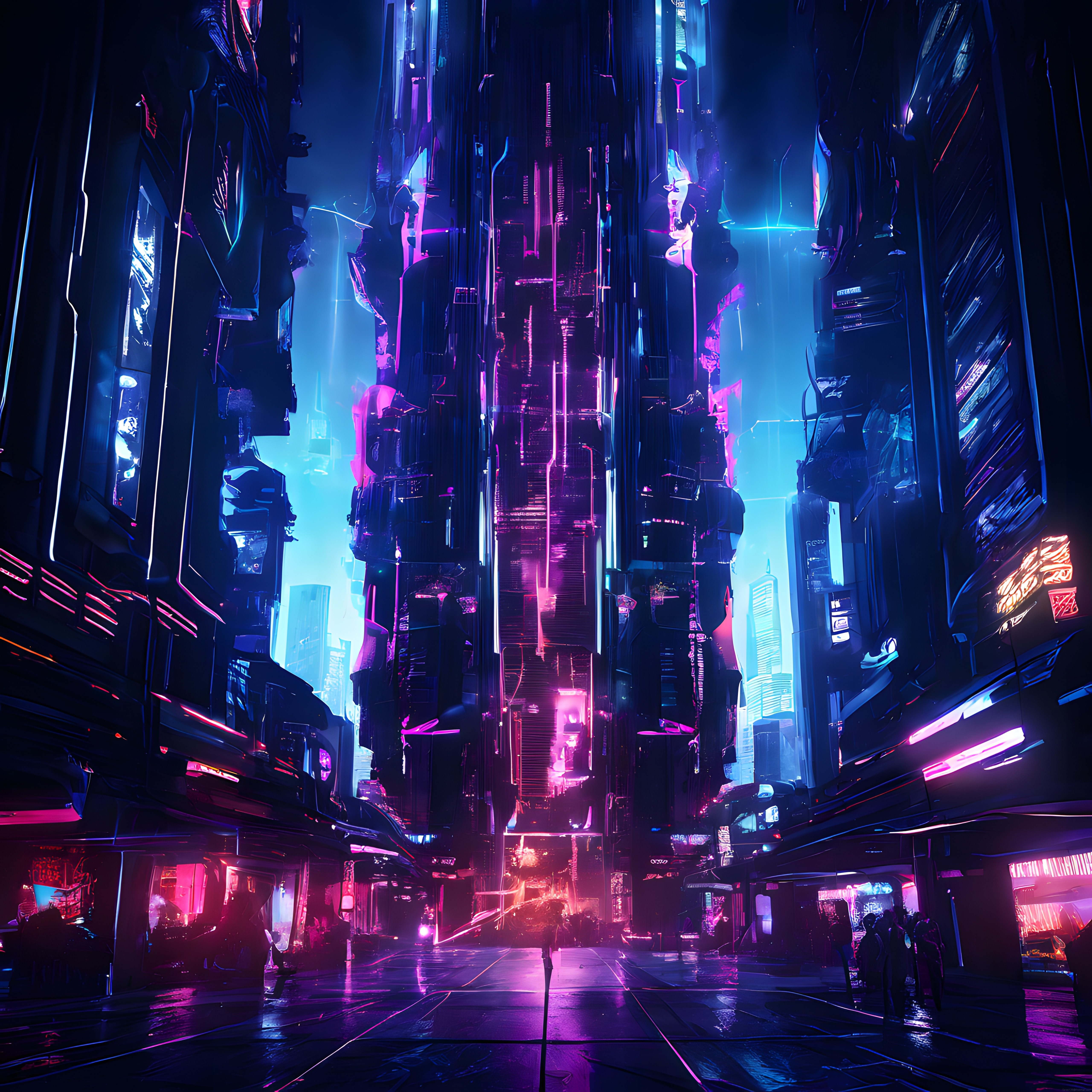 Mor ve Mavi Neon Işıklarla Aydınlatılmış Geleceğin Cyberpunk Şehri