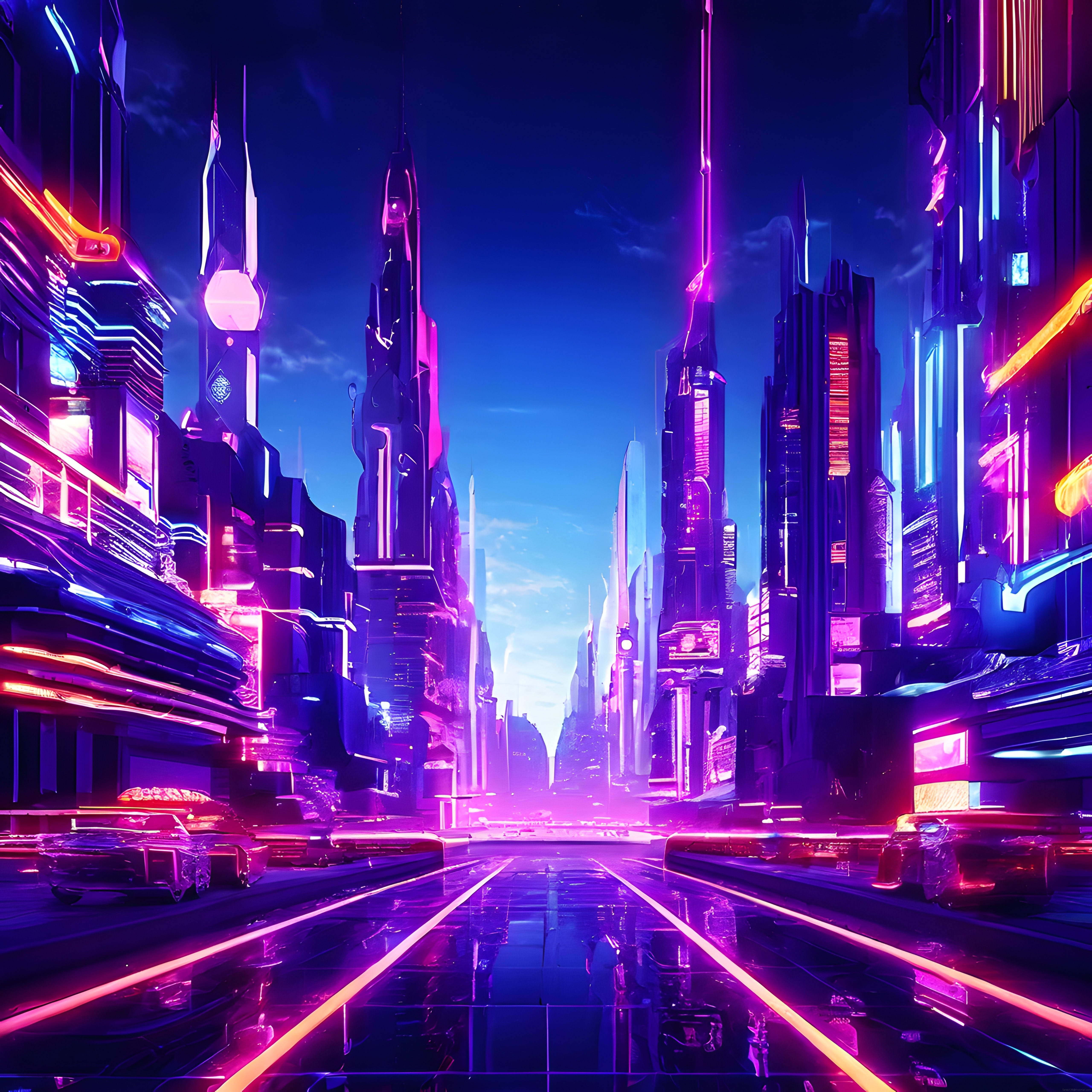 Mor ve Mavi Neon Işıklarla Süslenmiş Futuristik Cyberpunk Metropol Görseli