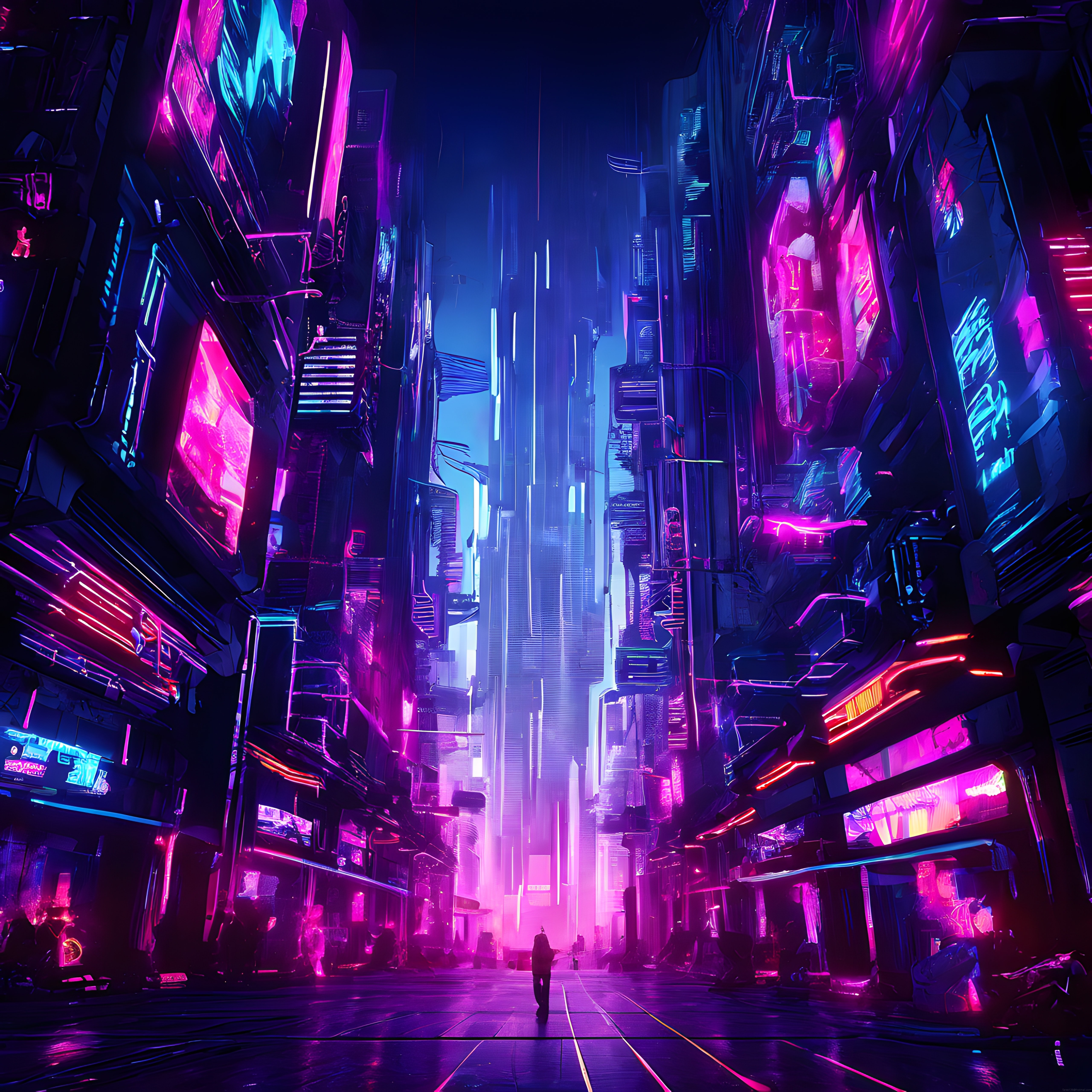 Mor ve Mavi Neonlarla Aydınlanmış Cyberpunk Şehirde Yalnız Yürüyüş Manzarası