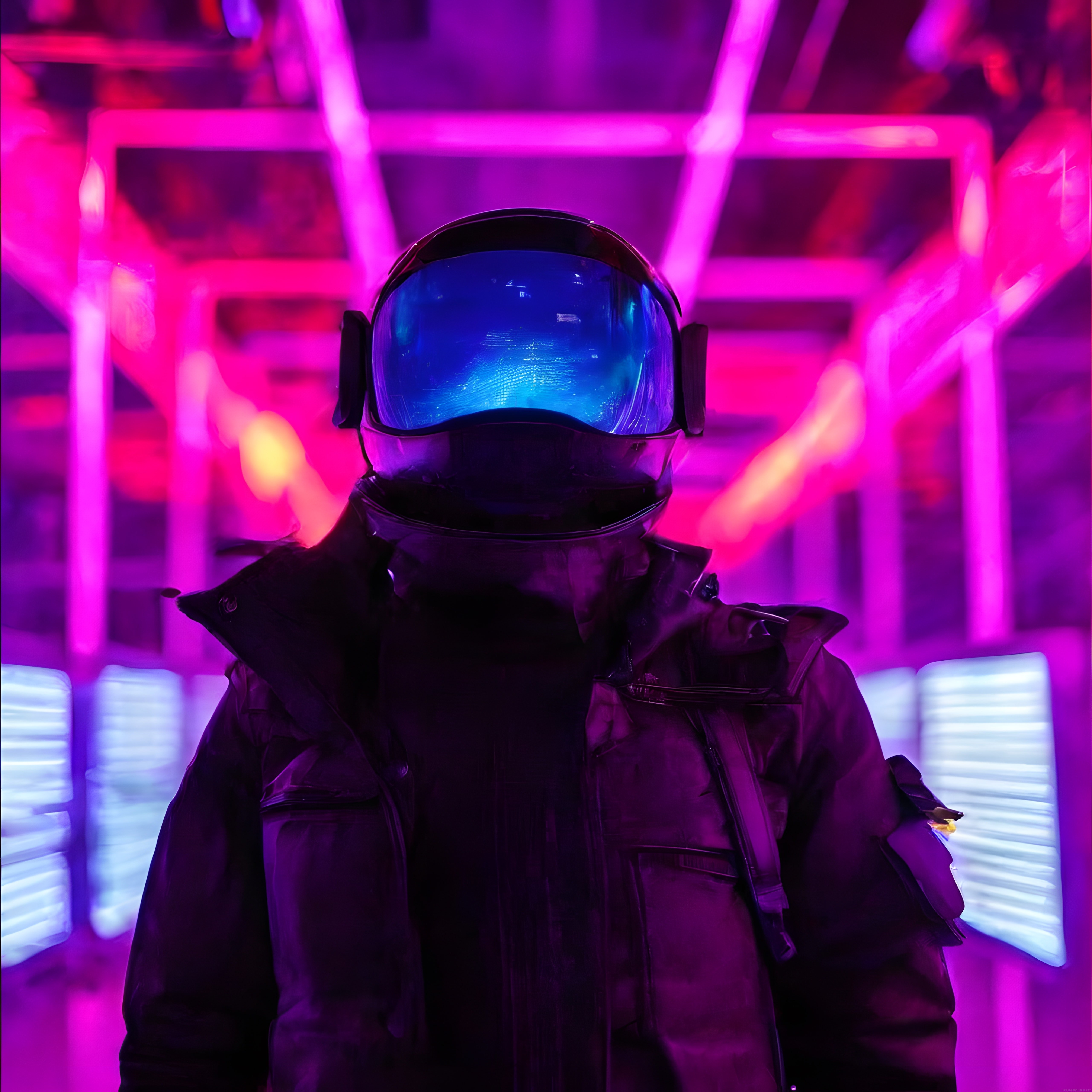 Mor ve pembe neon ışıklar altında astronot kasklı gizemli bir figür portresi