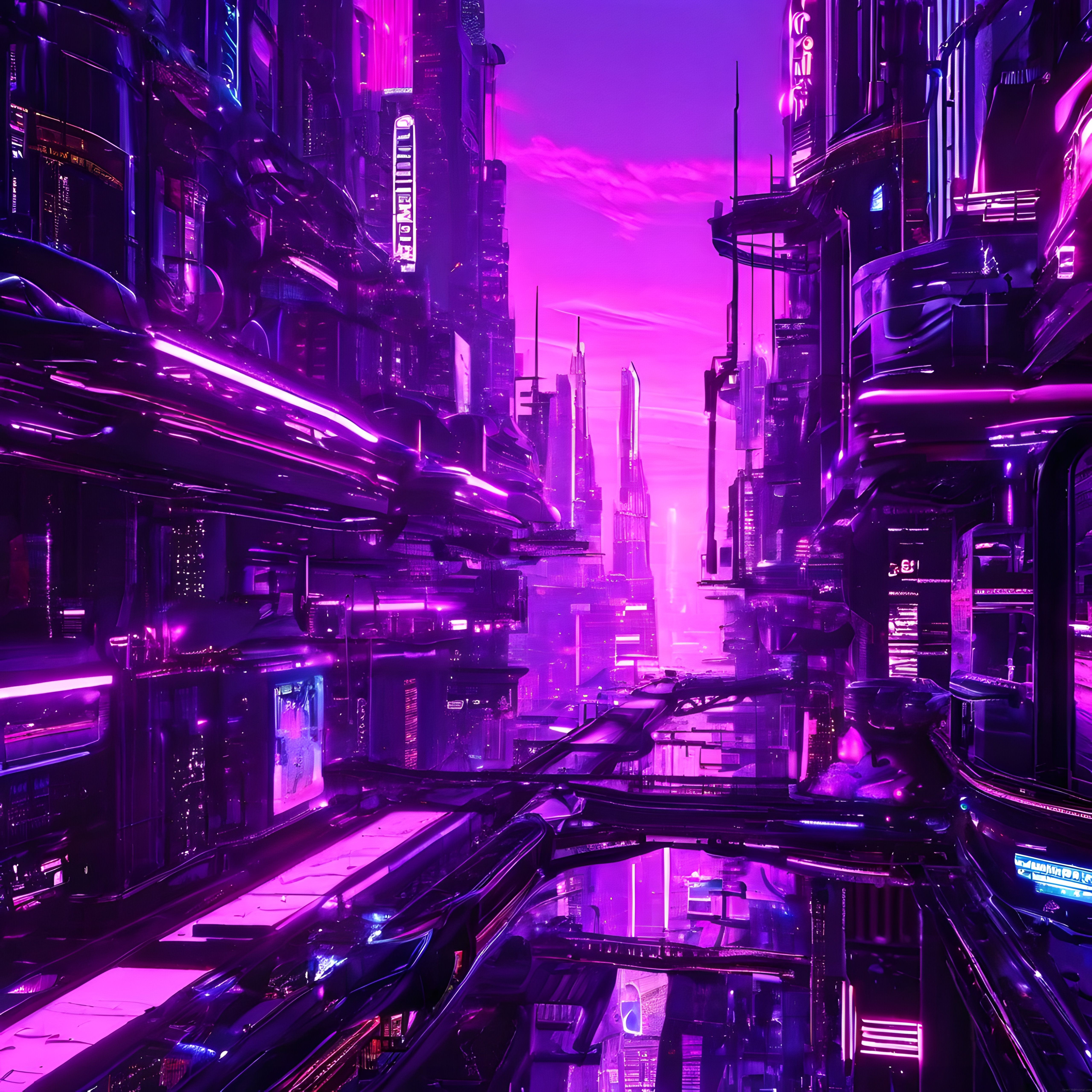 Mor ve Pembe Neonların Hüküm Sürdüğü Geleceğin Etkileyici Şehir Manzarası