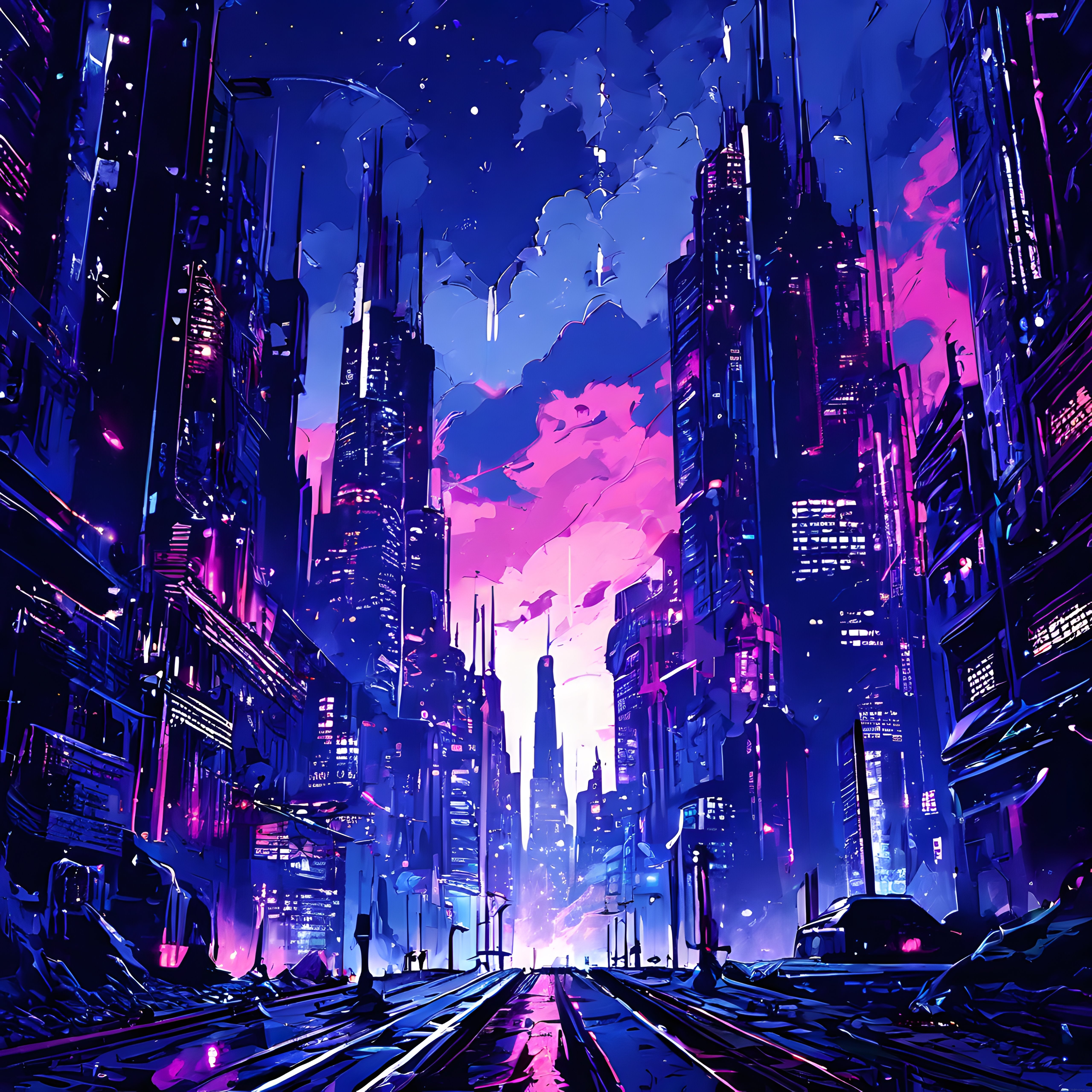 Mor ve Pembe Neonlarla Aydınlanmış Cyberpunk Şehir Dijital Sanat Çalışması