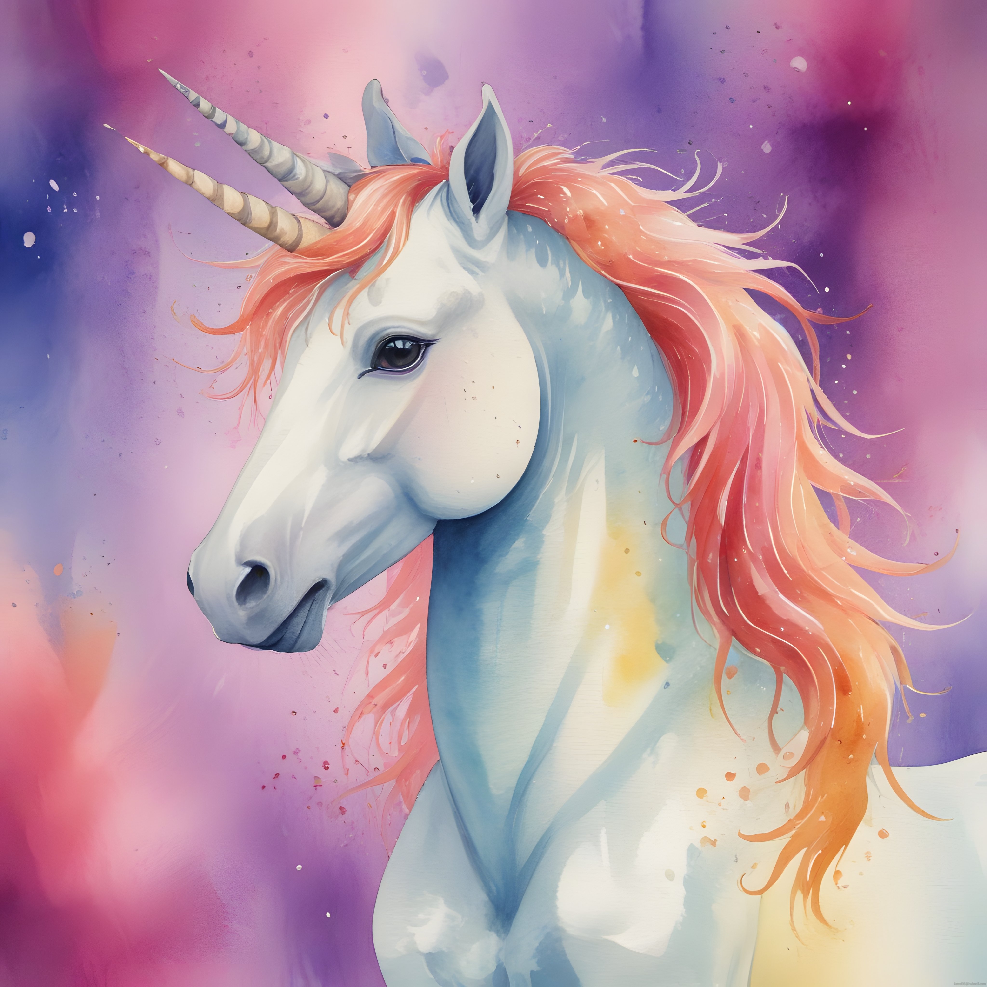 Mor ve Pembe Tonlarda Suluboya Unicorn Portresi Duvar Kağıdı