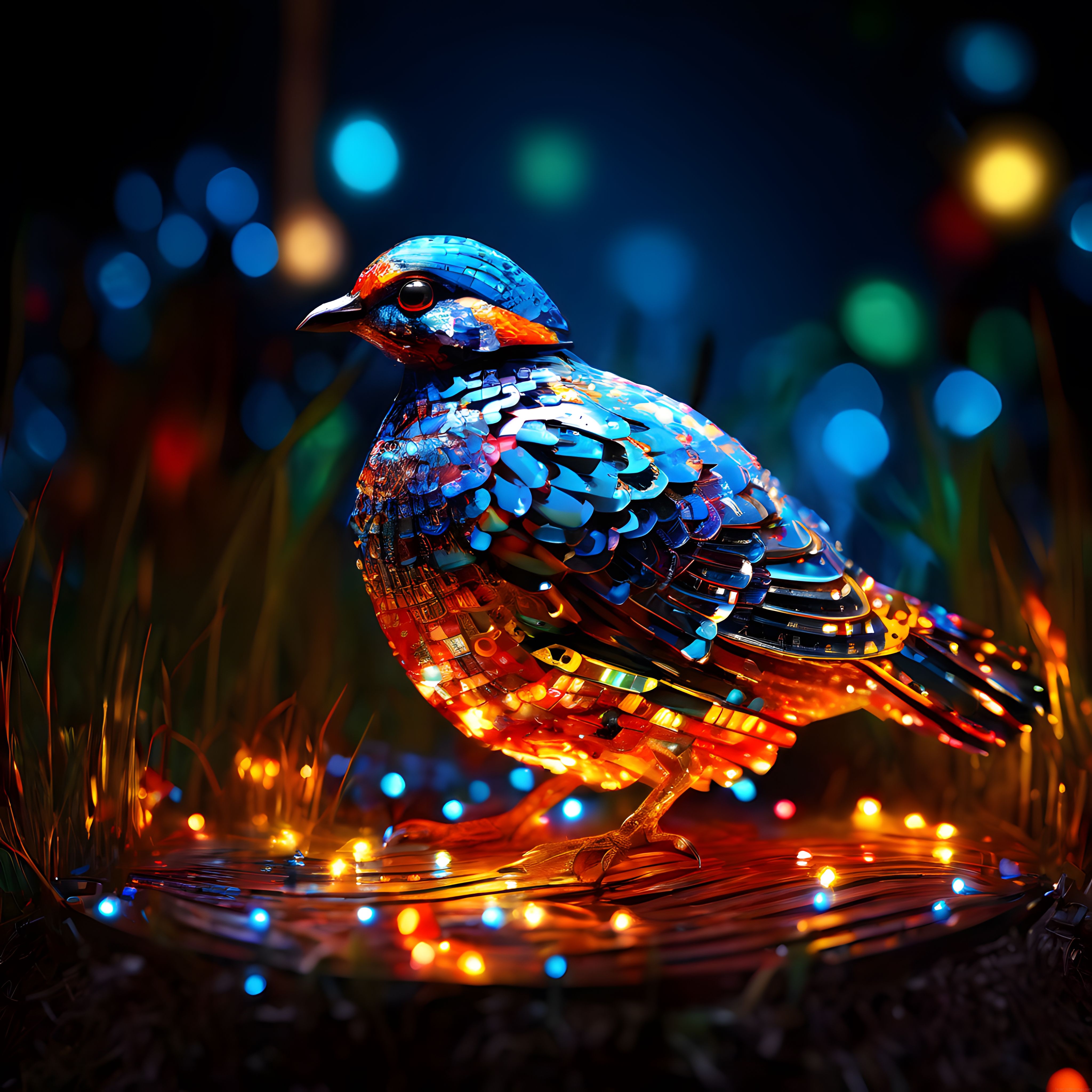 Mozaik Cam Parçalardan Oluşan Neon Işıklı Fantastik Kuş Dijital Sanat