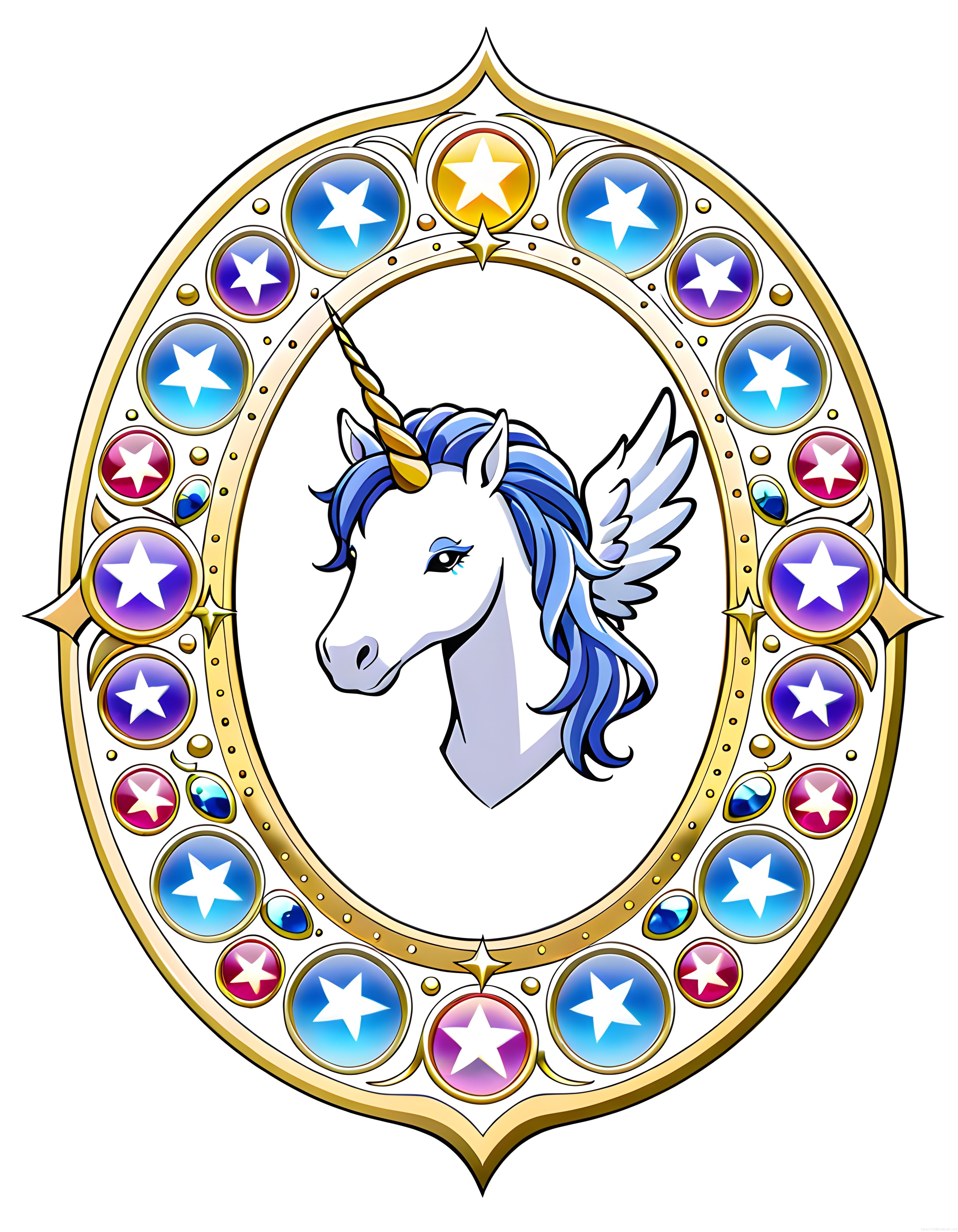 Mücevherli Altın Çerçevede Büyülü Mavi Yeleli Kanatlı Unicorn Portresi
