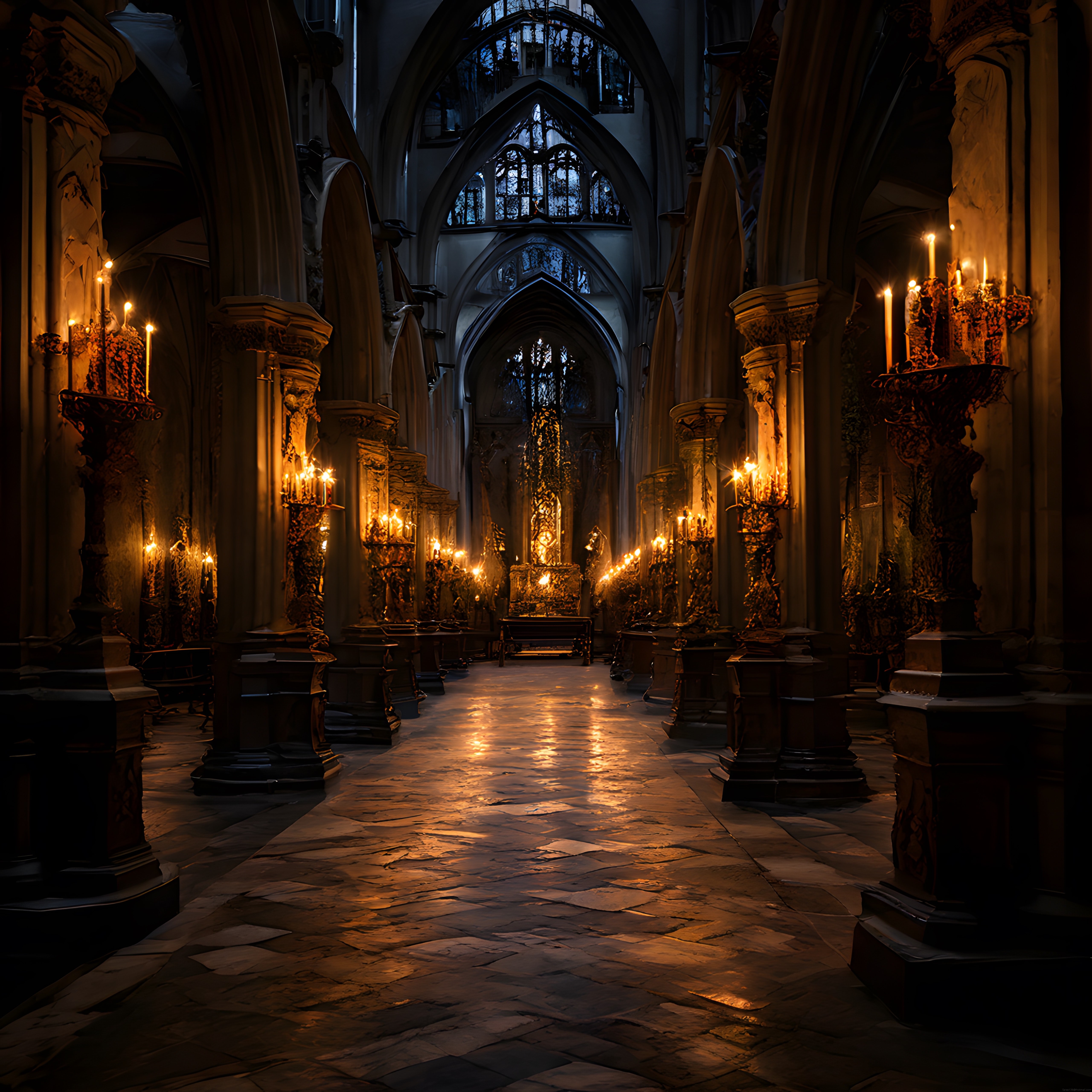 Mum Aydınlatmalı Gotik Katedral İçi ve Mistik Orta Çağ Atmosferi