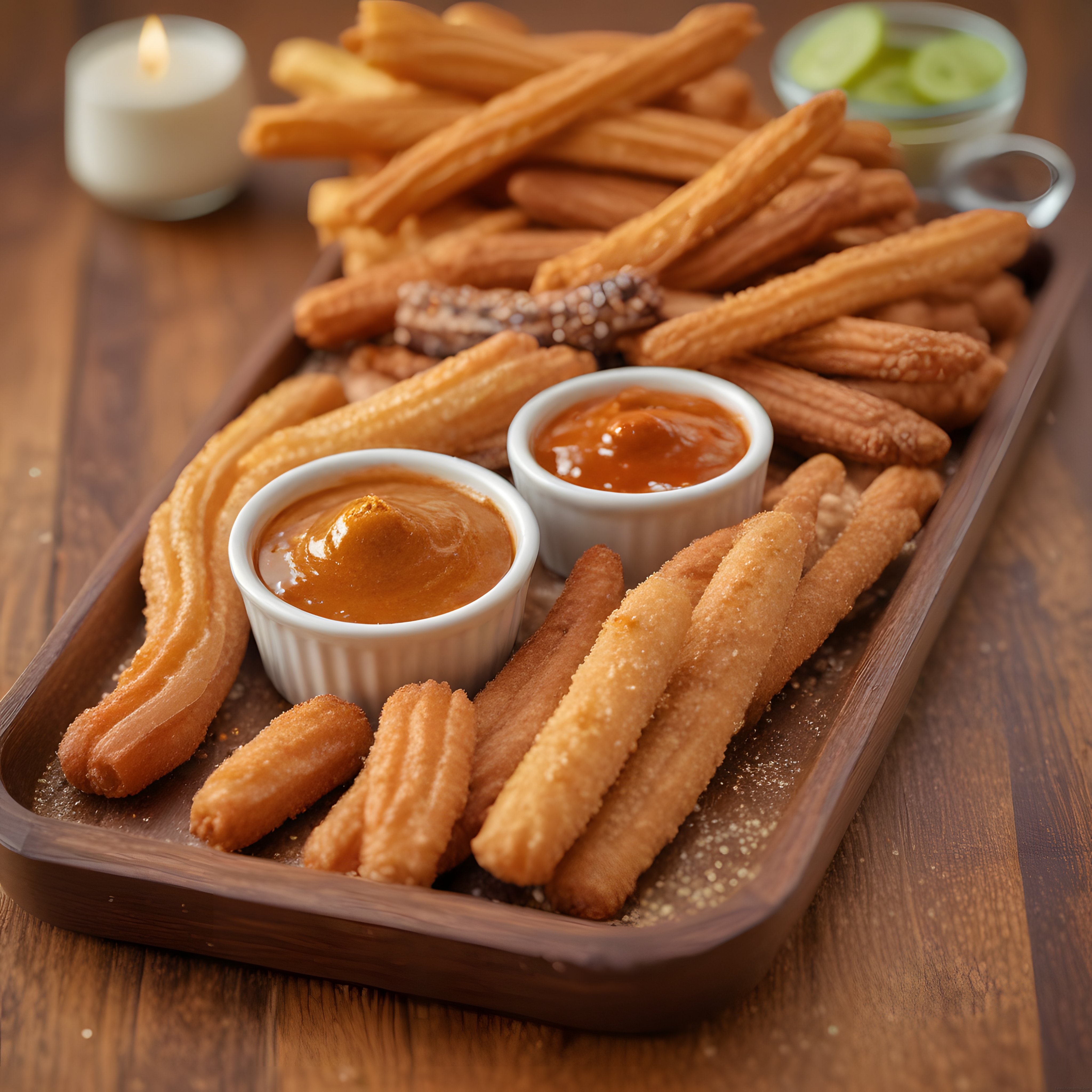 Mum Eşliğinde Ahşap Tepsi Üzerinde Soslarla Servis Edilen Çıtır Churros