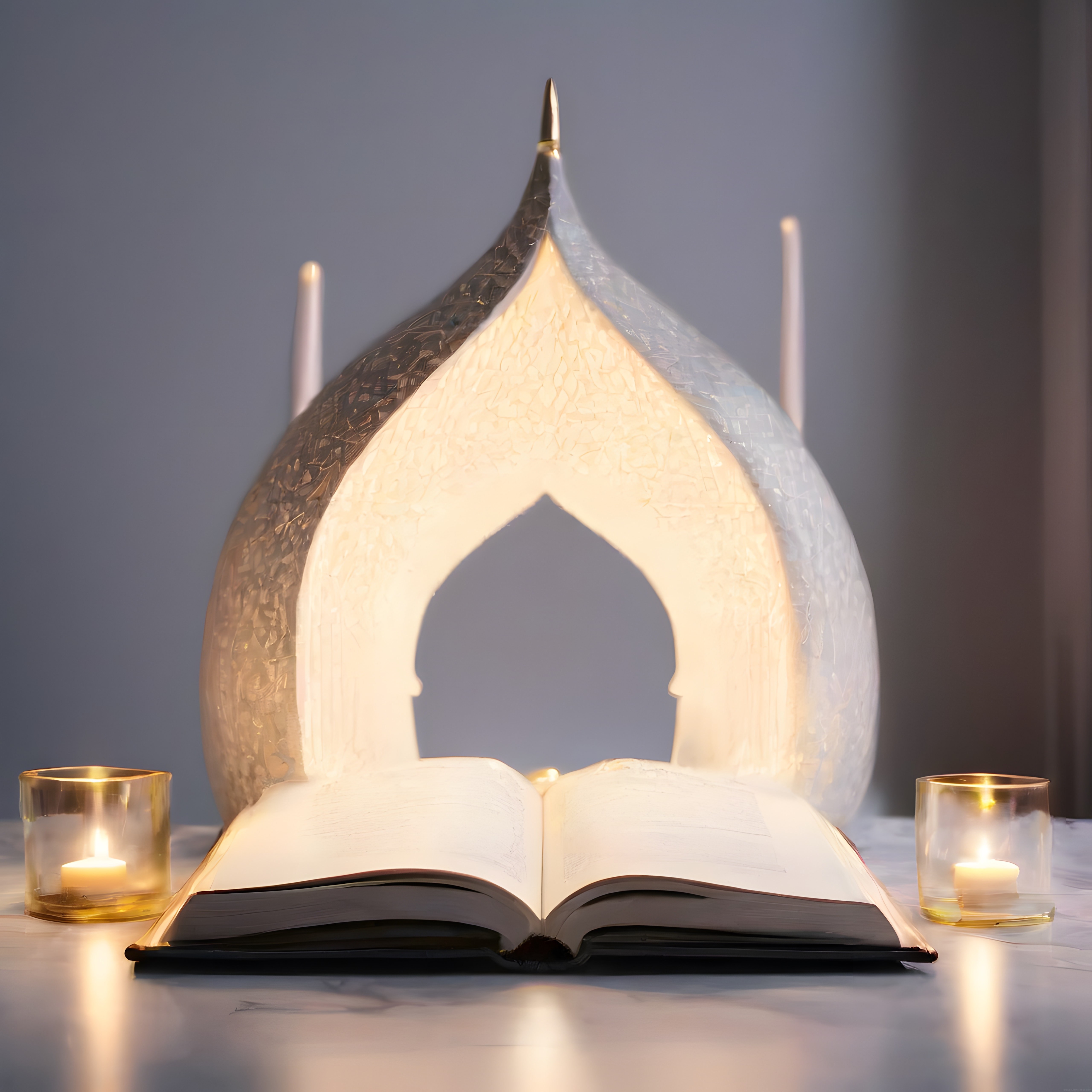 Mum ışığında açık kitap ve cami kubbesi formunda abajur ile manevi atmosfer