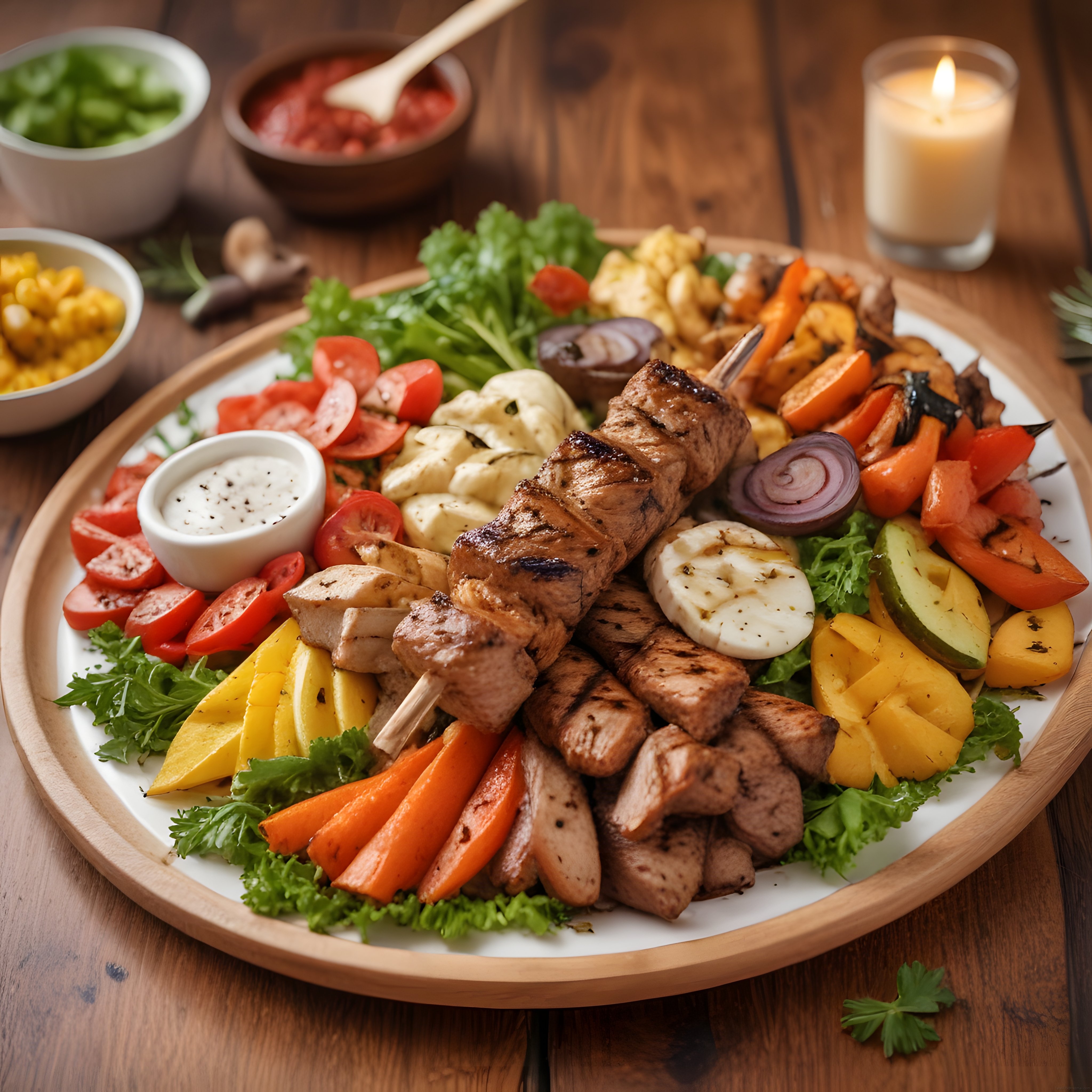 Mum Işığında Ahşap Masada Renkli Sebzeli ve Şiş Etli Barbekü Şöleni Tabağı