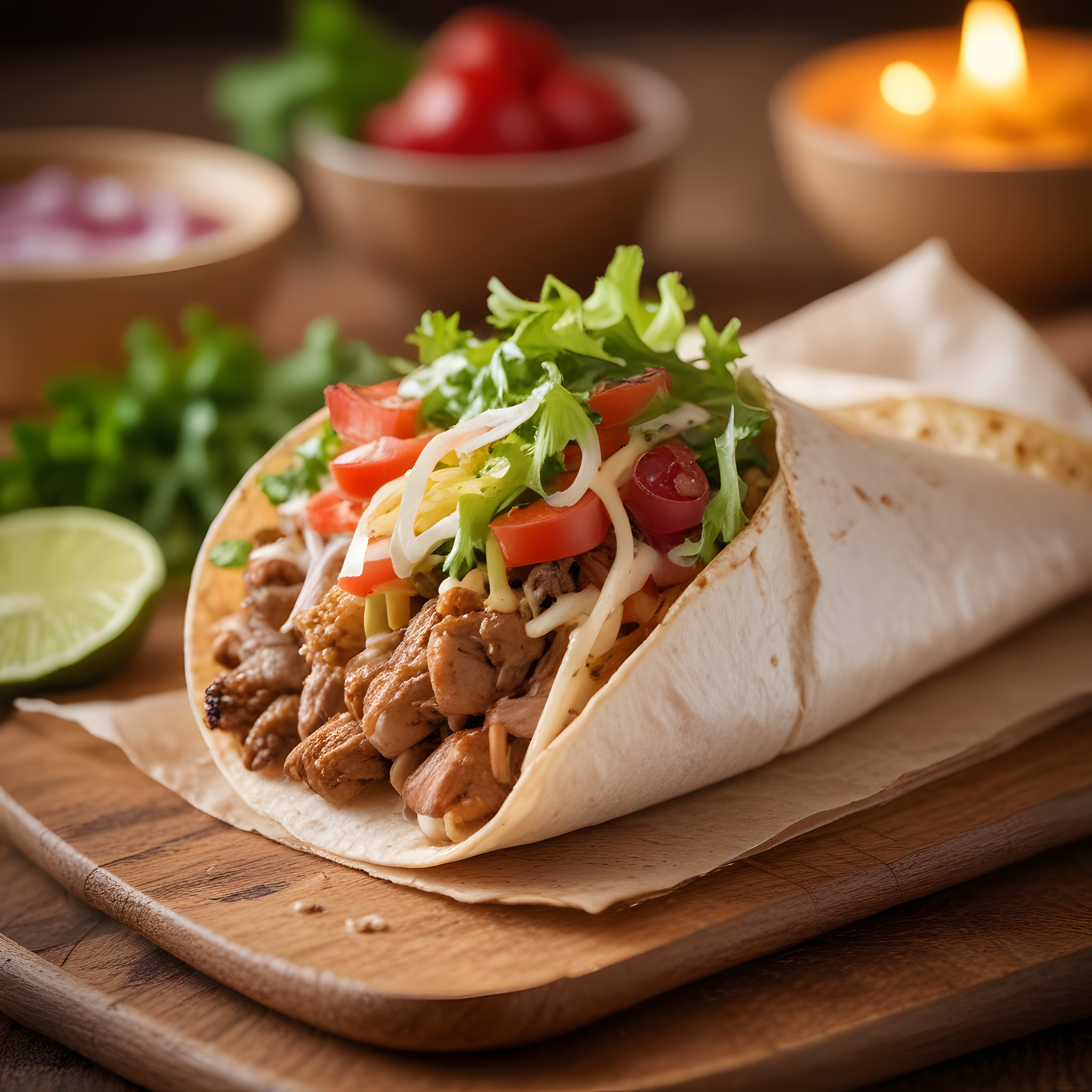 Mum ışığında ahşap sunum tahtasında tavuklu taco ve taze sebzeler