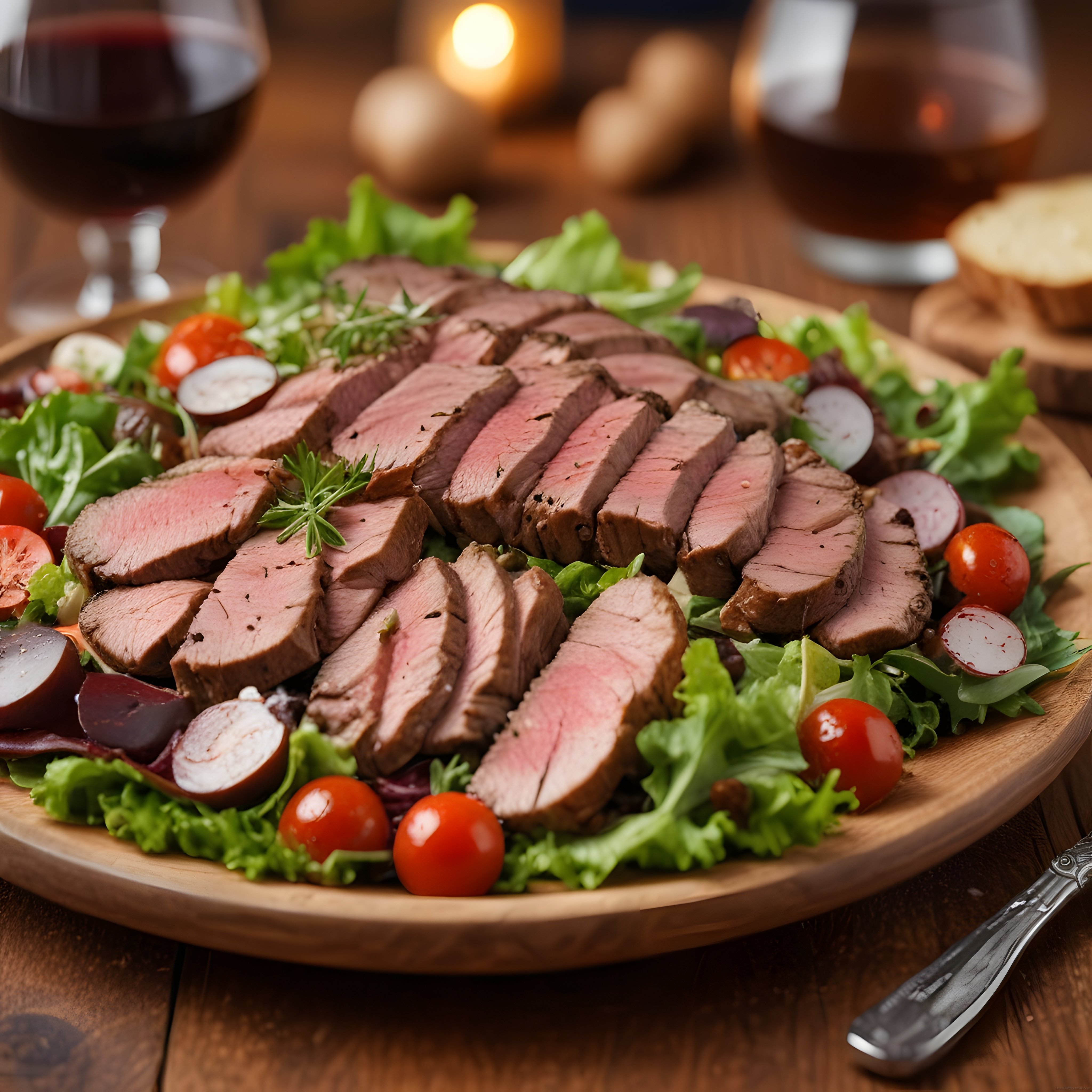 Mum Işığında Ahşap Sunumda Dilimlenmiş Bonfile ve Taze Salata