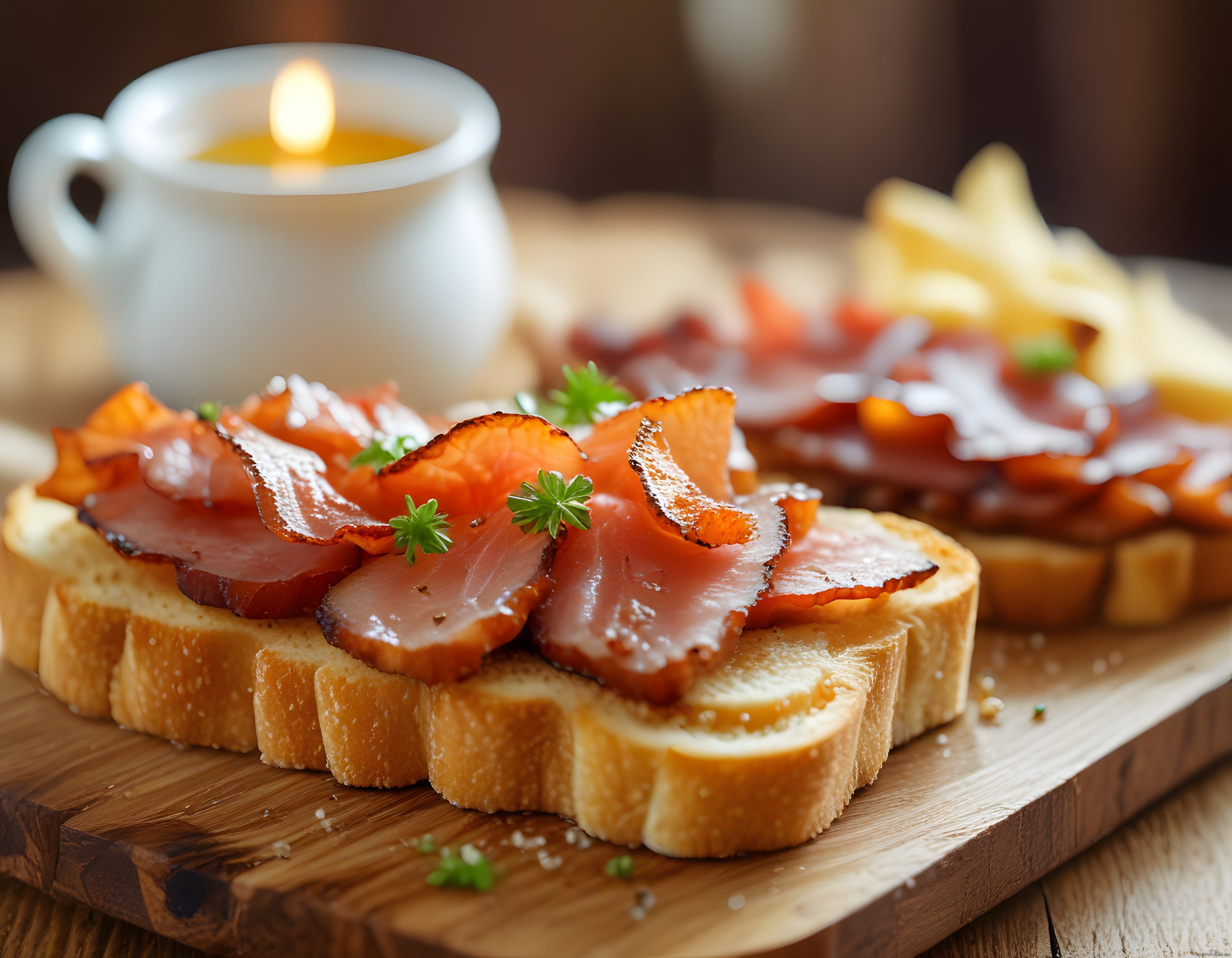 Mum Işığında Ahşap Tahta Üzerinde Bruschetta Tarzı Kuru Etli Ekmek Dilimleri