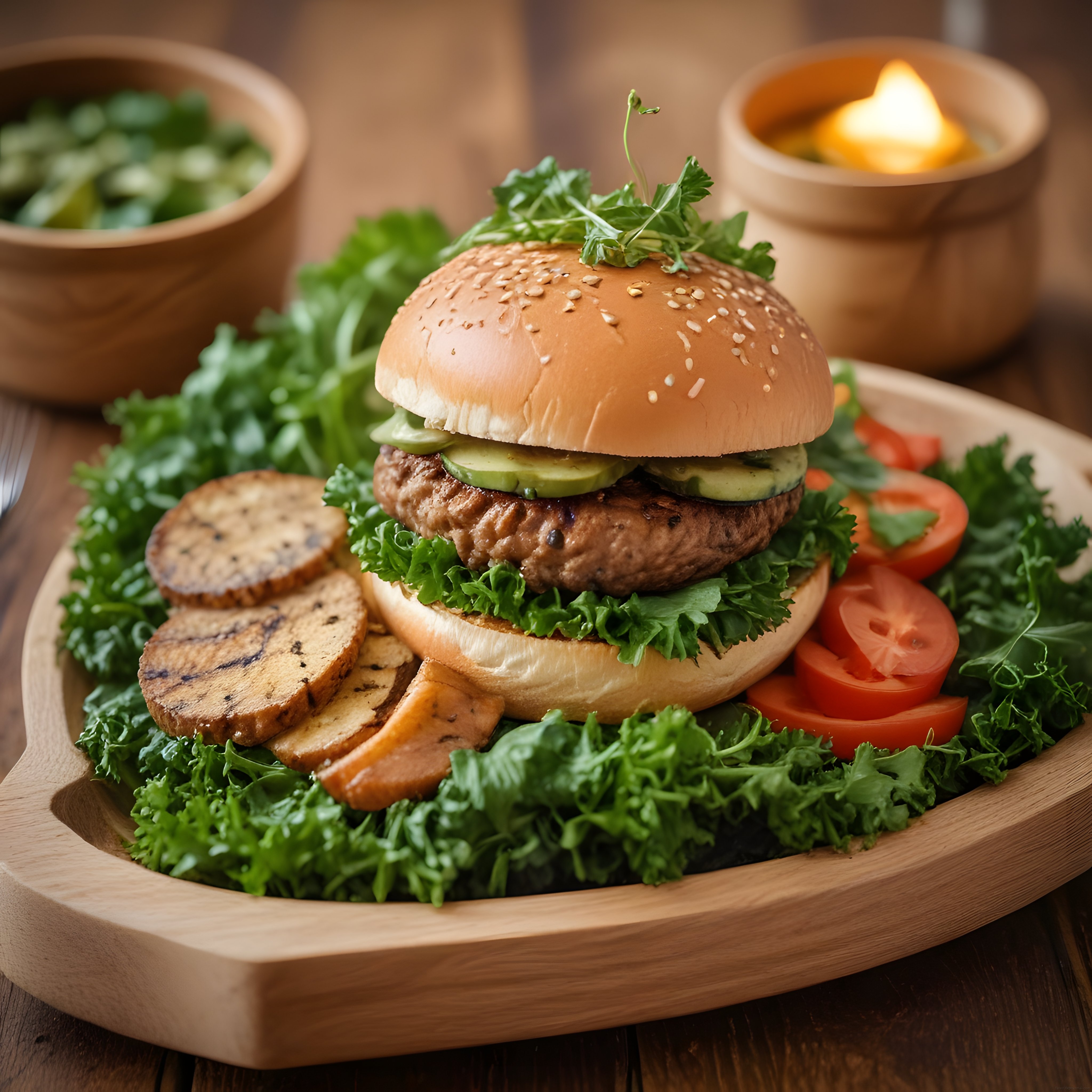Mum Işığında Ahşap Tahta Üzerinde Gurme Hamburger ve Izgara Patates
