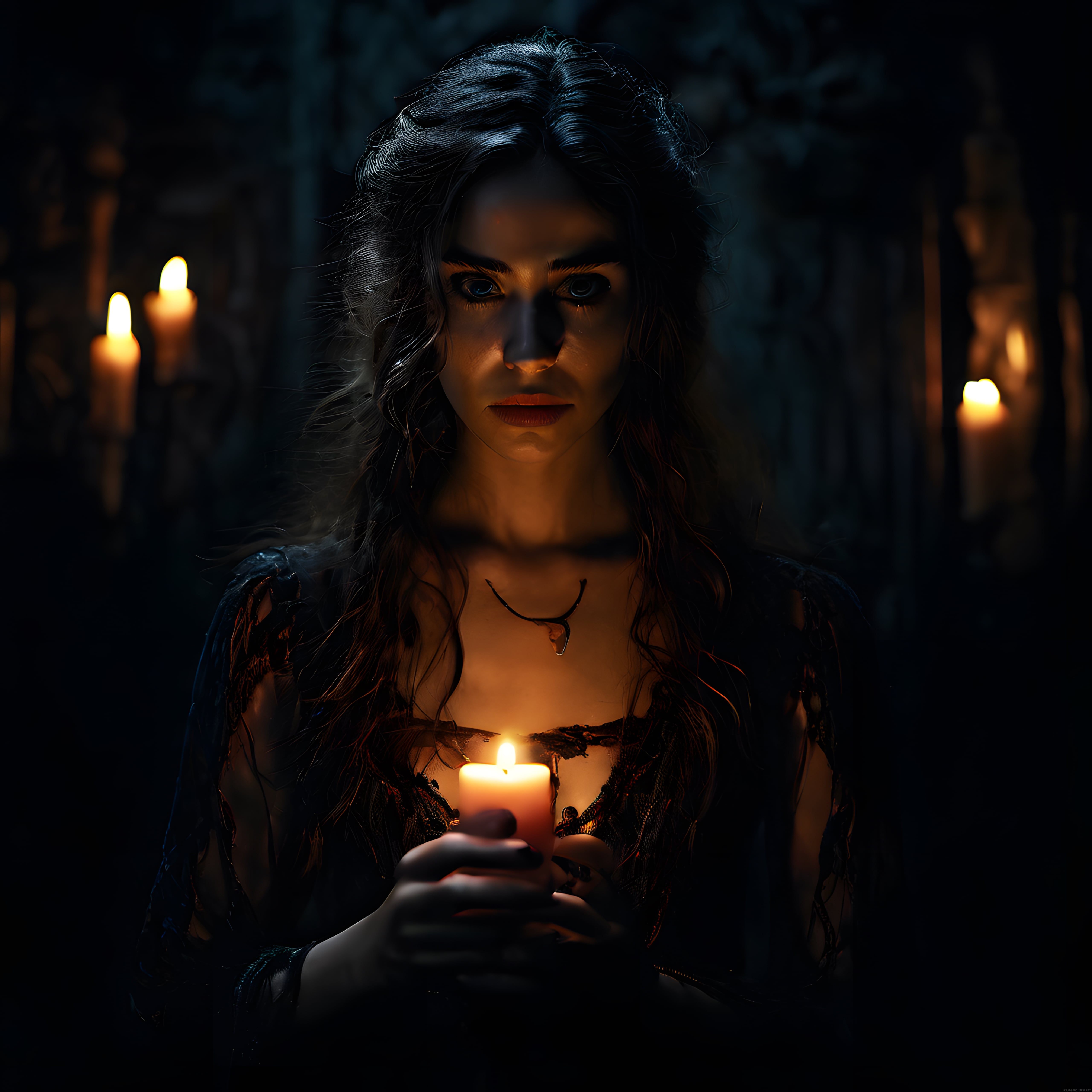 mum ışığında aydınlanan esrarengiz kadın portresi ve karanlık gotik gece atmosferi