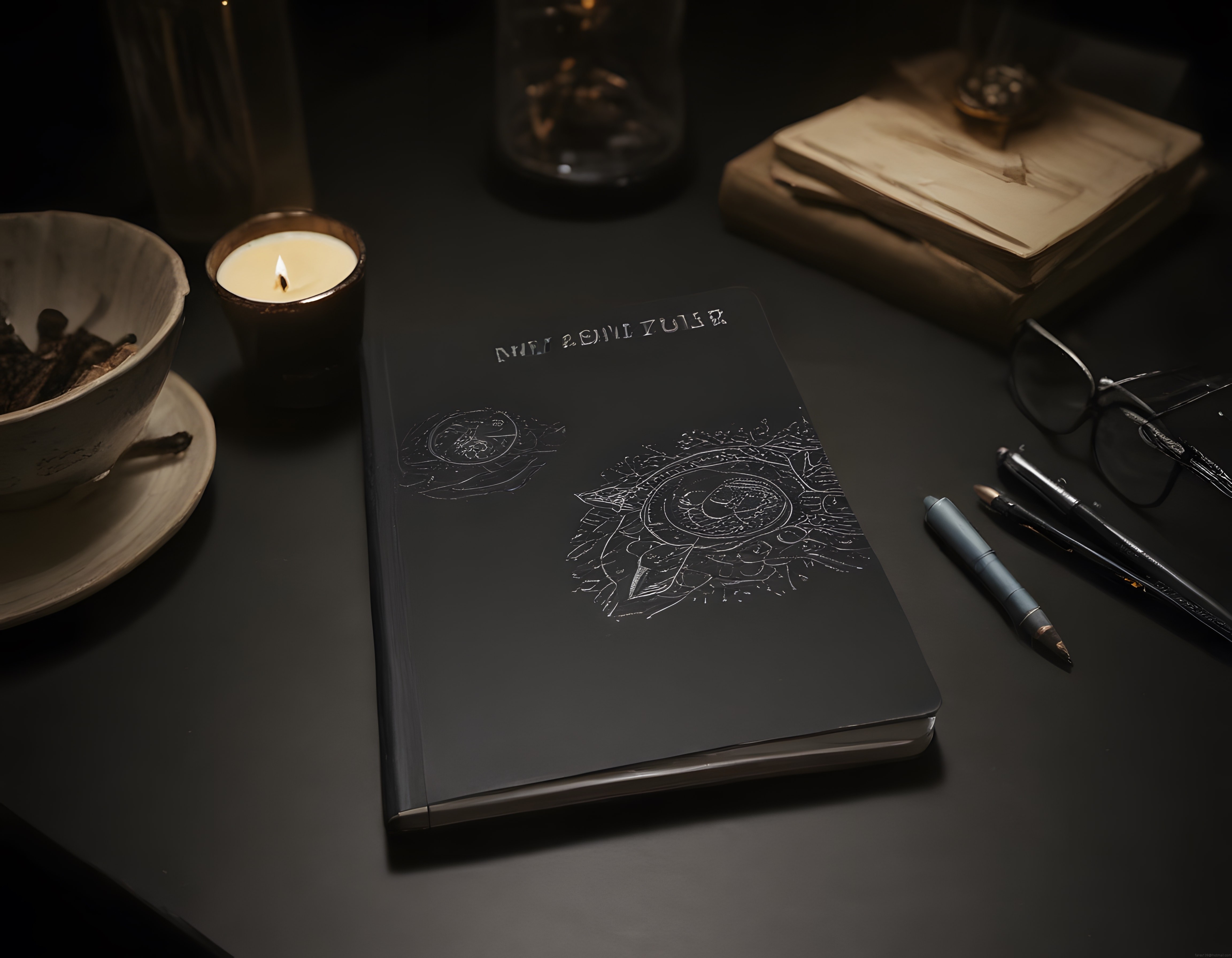 Mum ışığında aydınlanan mistik defter ve eski kitapların huzur dolu dünyası