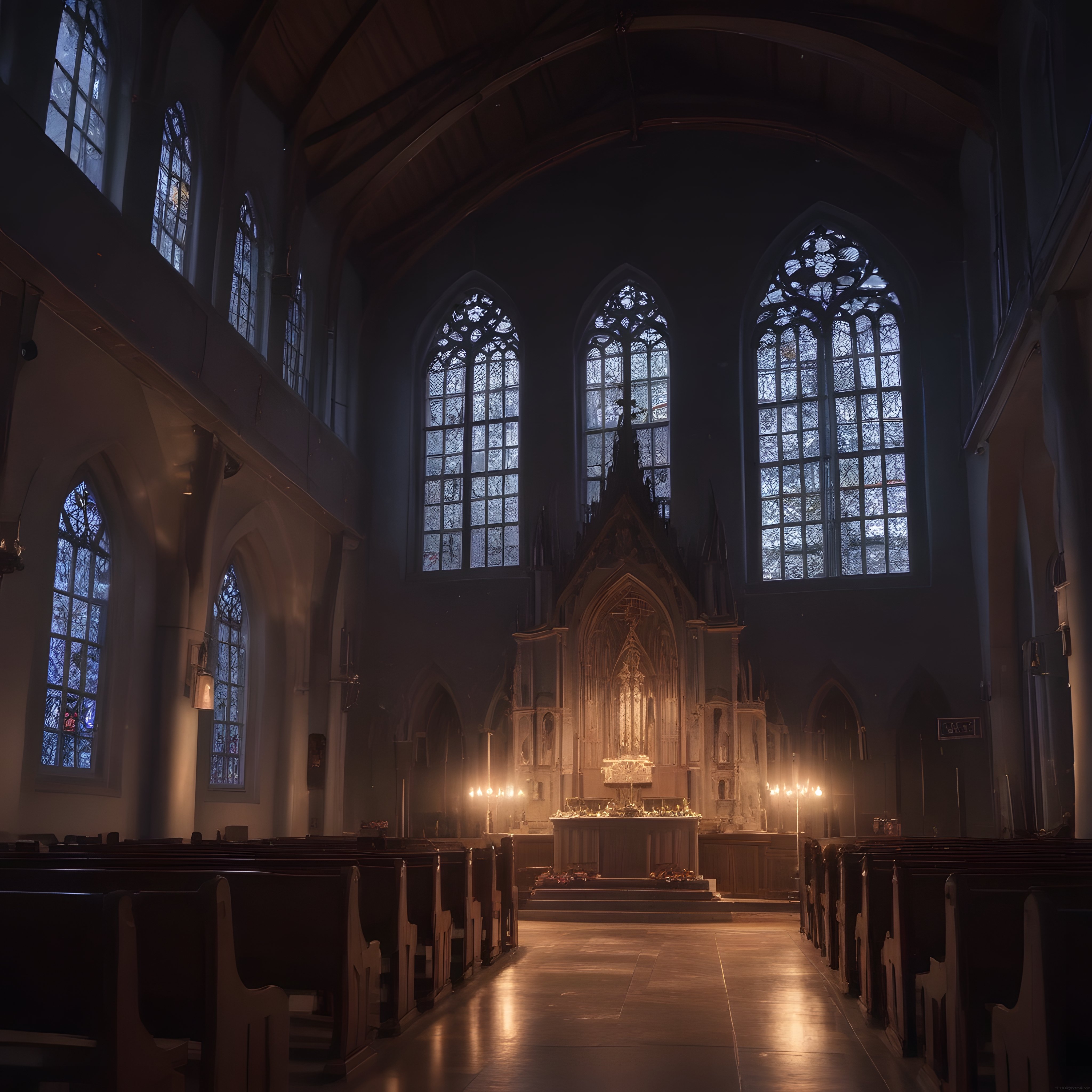 Mum ışığında büyüleyici gotik kilise içi, vitraylar ve tarihi sunak detayları