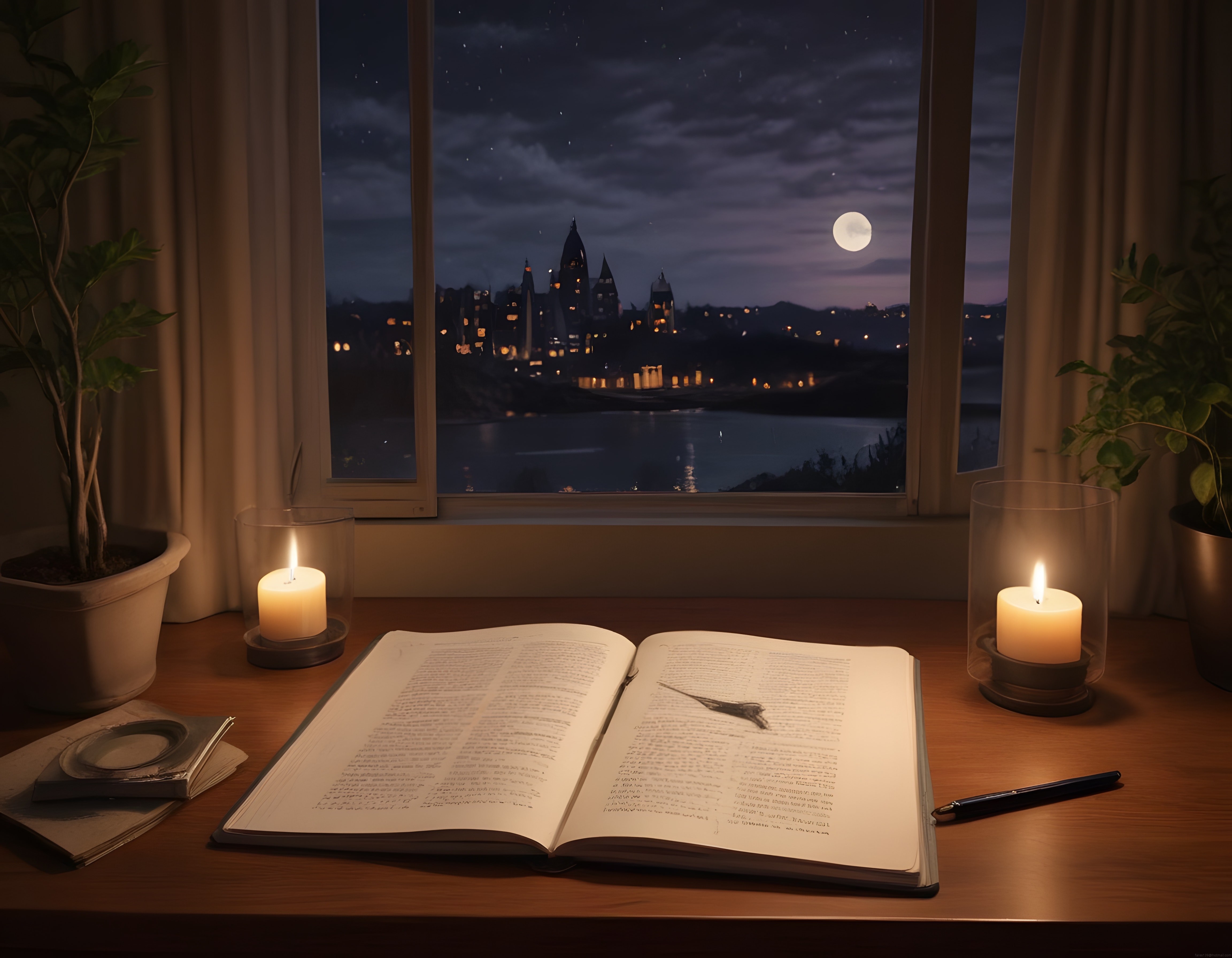 Mum Işığında Dolunaylı Gece Manzarası Eşliğinde Pencere Kenarında Kitap Okuma