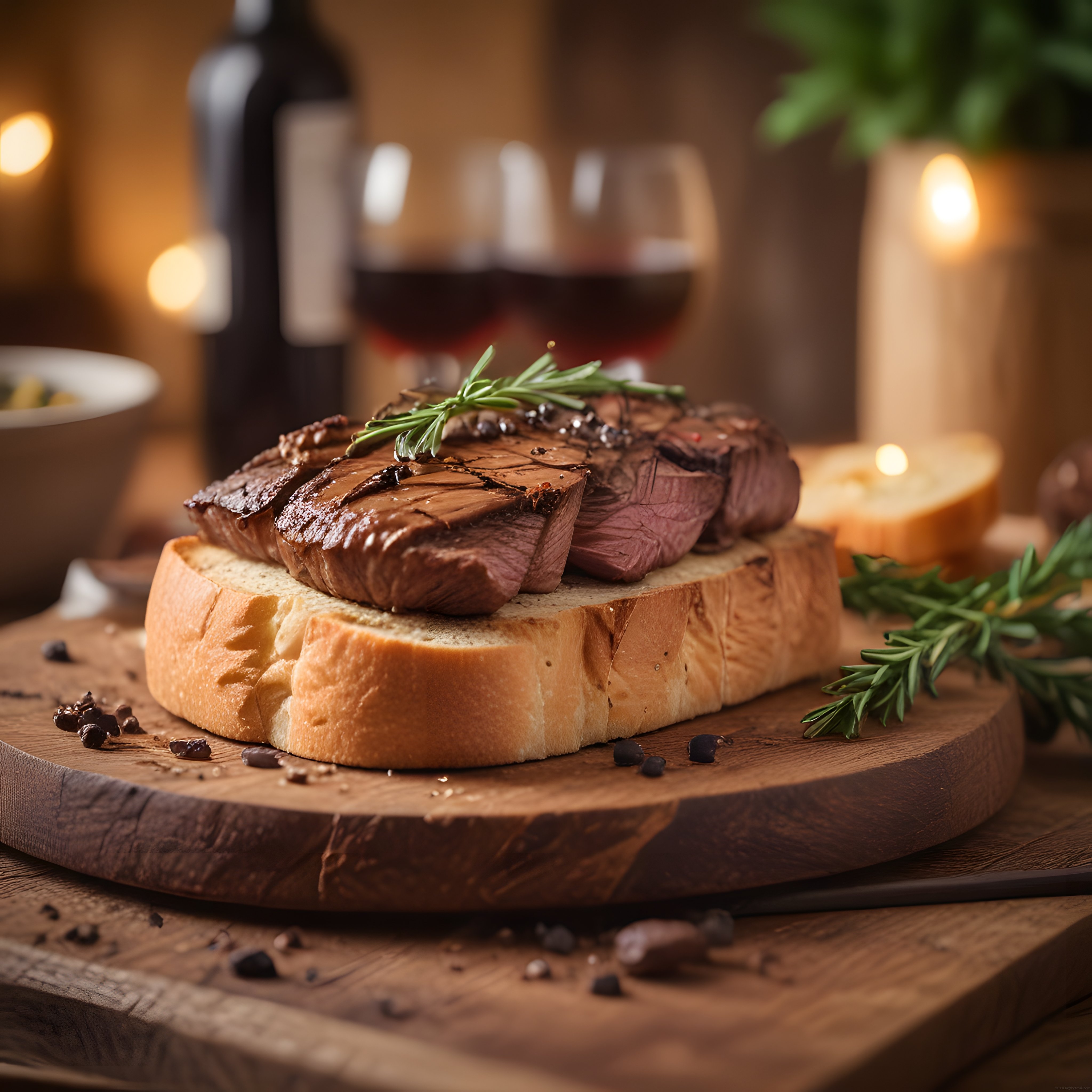 Mum Işığında Ekmek Üstü Biftek ve Şarap Eşliğinde Romantik Akşam Yemeği