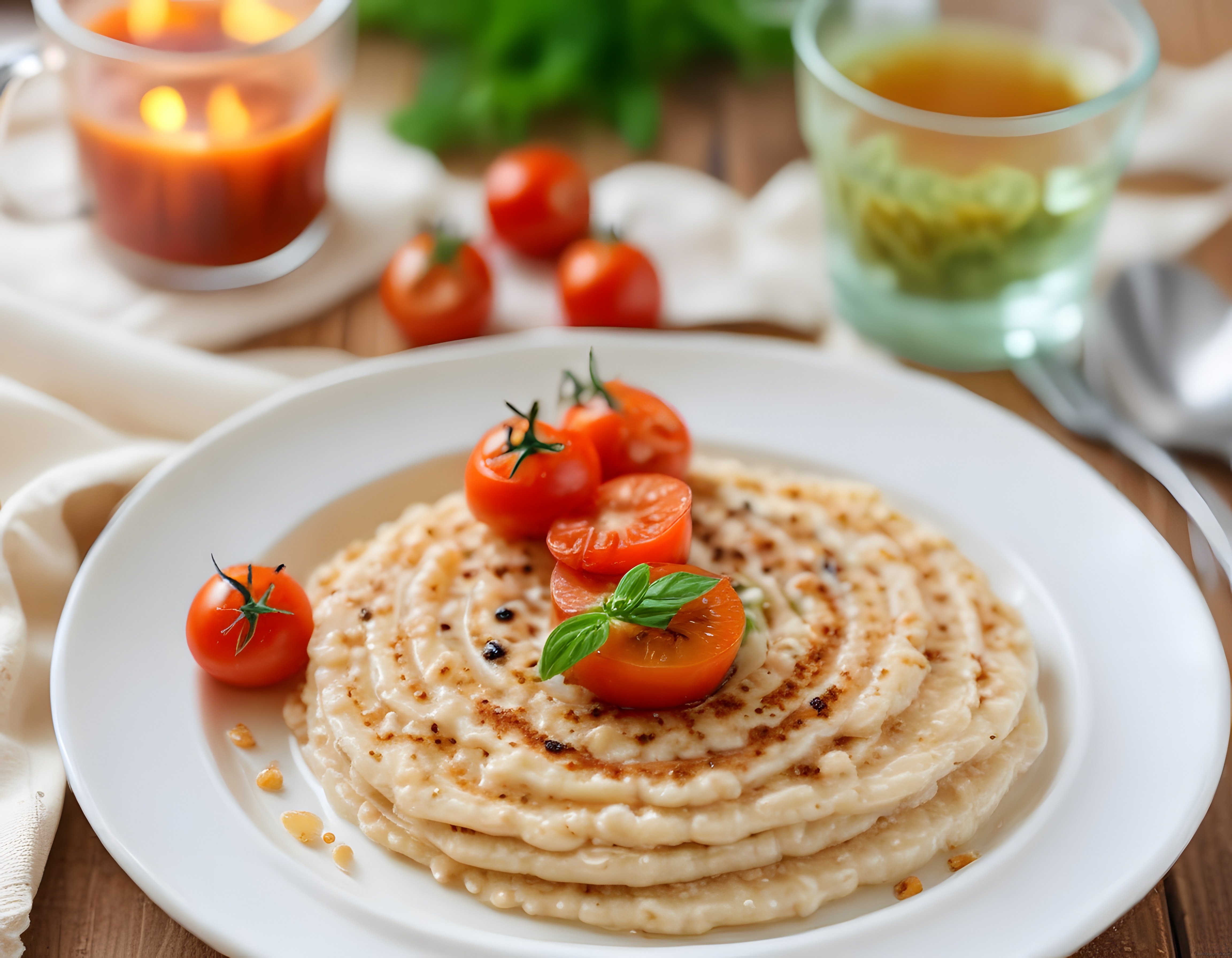 mum ışığında ev yapımı krep ve taze domateslerle romantik kahvaltı masası