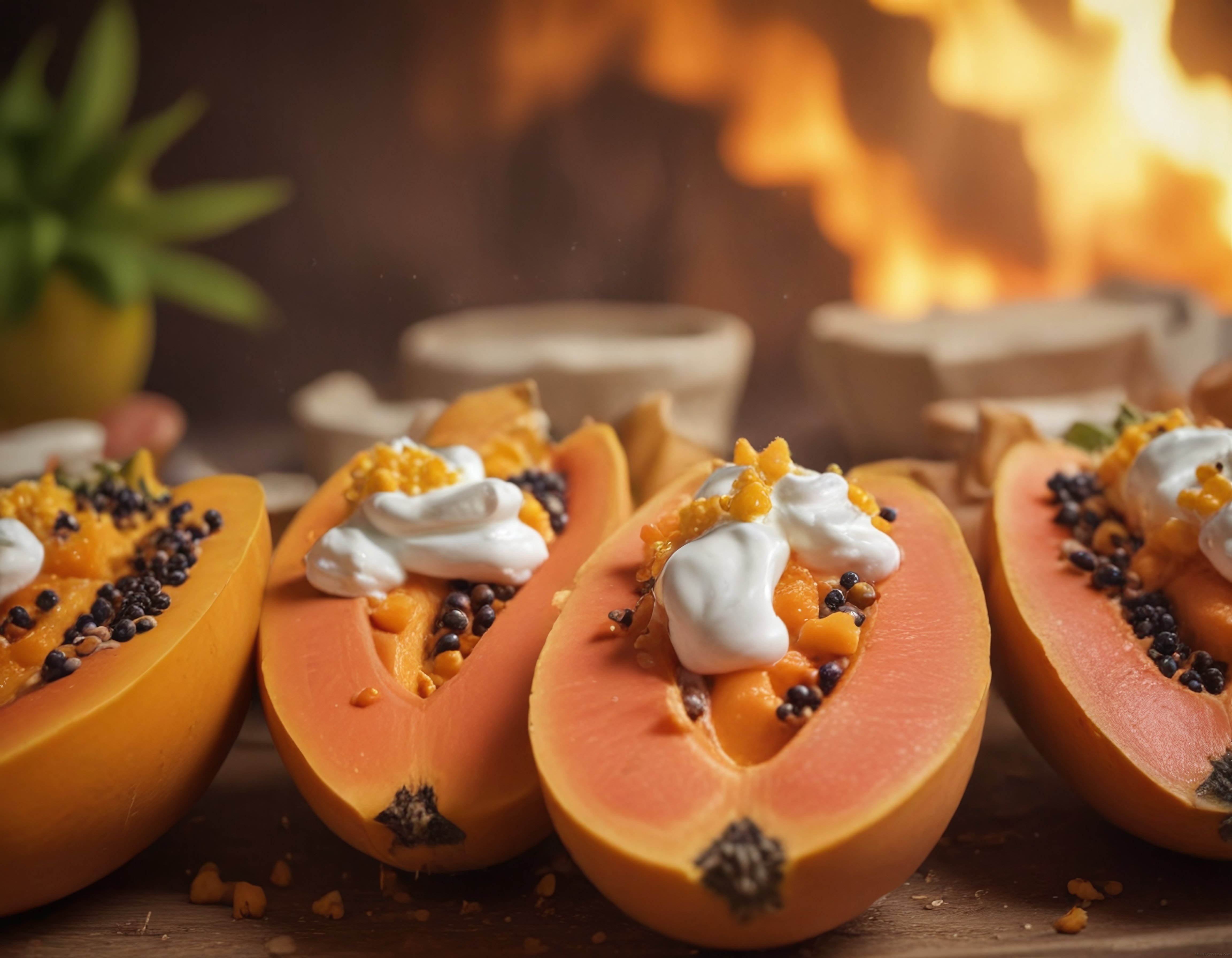 mum ışığında krema ve chia tohumlu tropikal papaya tatlısı sunumu
